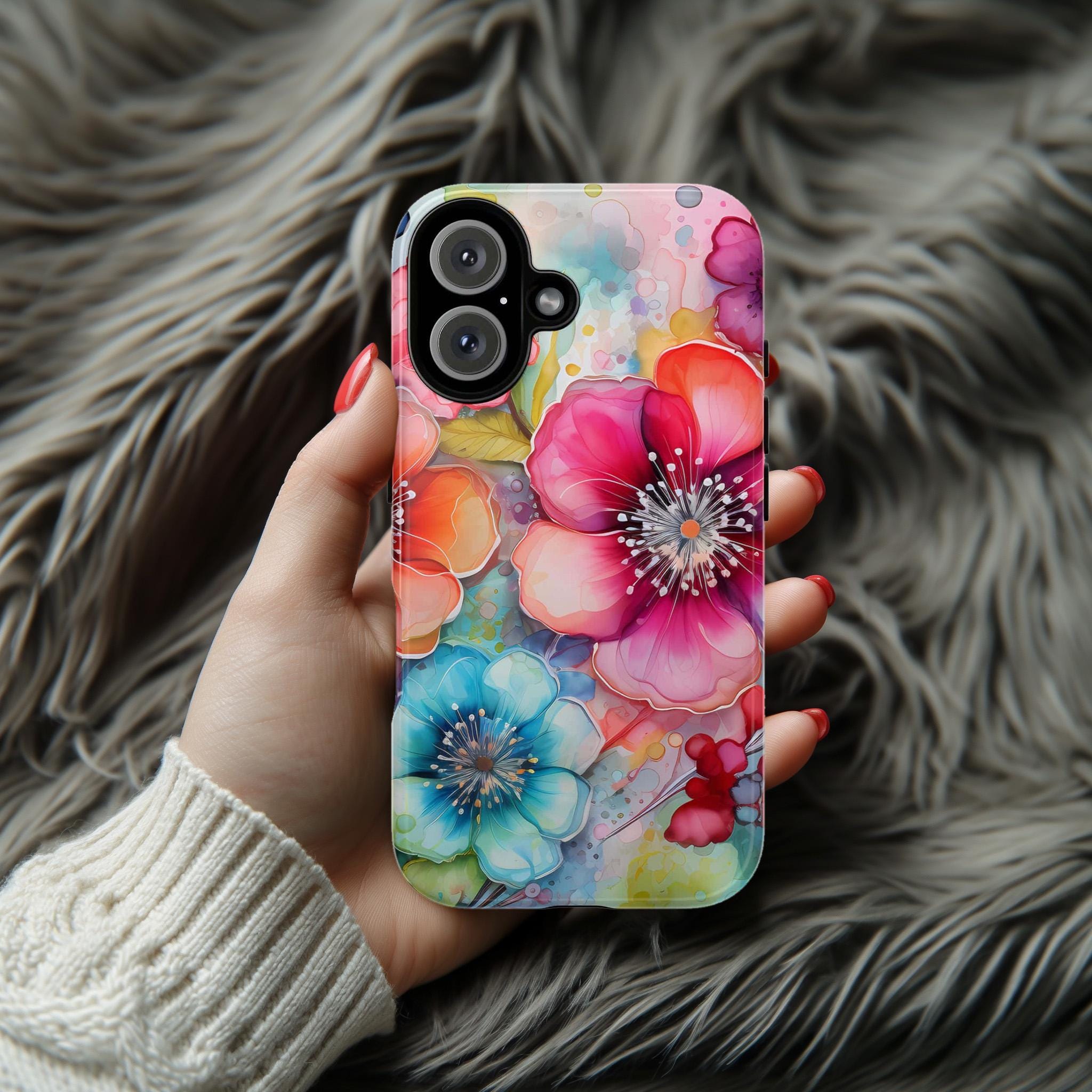Rainbow Watercolor Floral Phone Case, Colorful Vibrant Alcoholic ink Case, Spring Floral Phone Case for iPhone 16 Magsafe, Samsung S25, 0068
