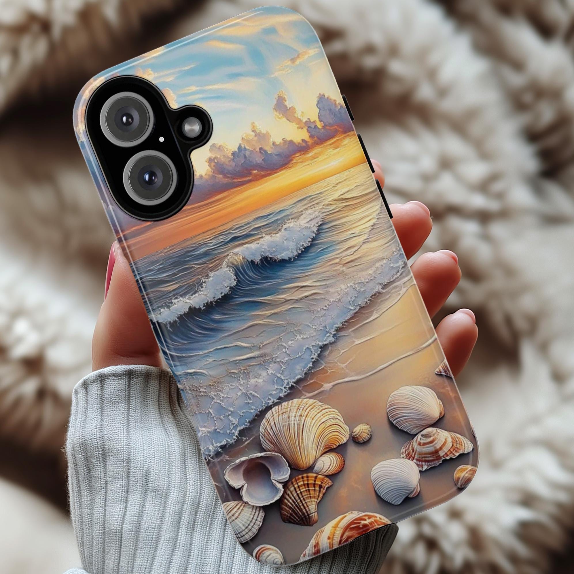Ocean Sunset Seashell Wave Phone Cover, Coastal Beach Aesthetic Phone Case for iPhone 16, 15, 14, 13 Tough Magsafe, Samsung S25, 455.15