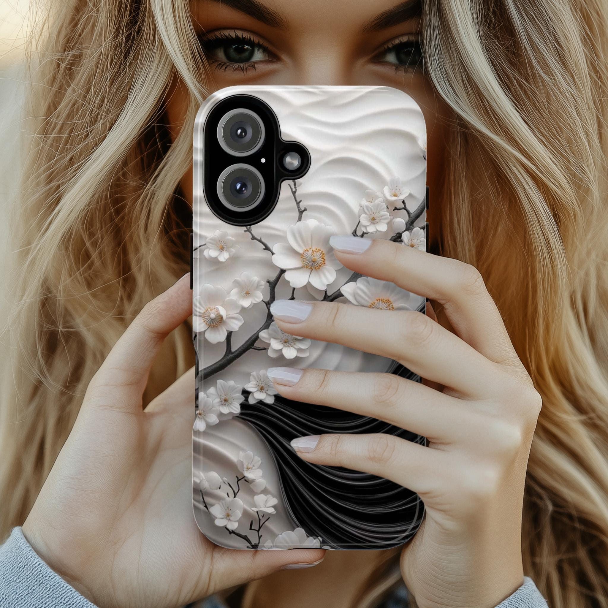 Cherry Blossom 3D Elegant Phone Case, Black White Japanese Art Cover, Floral Sakura Case for iPhone 16 15 14 13, Samsung S25, 469.1
