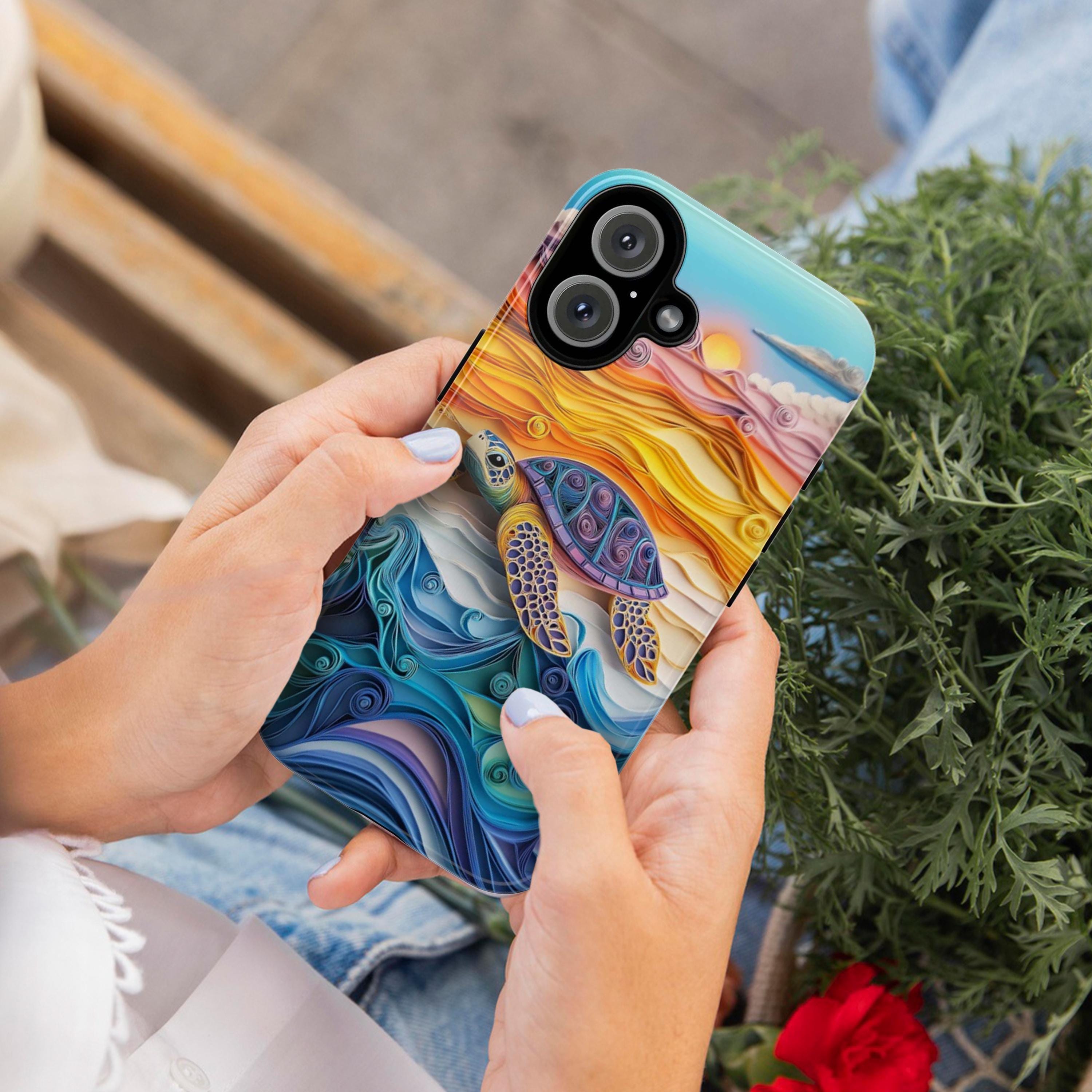 Sea Turtle Phone Case, Vibrant Rainbow Ocean & Sunset Quilling-inspierd Art Cover for iPhone 16 15 Tough or Magsafe, Samsung S25, 455.18
