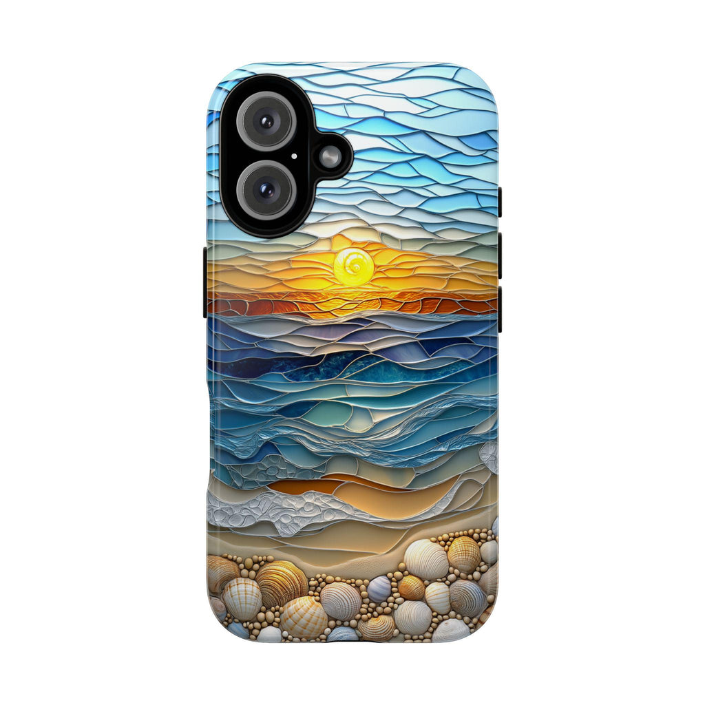 Stained Glass Summer Beach Sunset Phone Case, 3D Seashell Ocean Magsafe for iPhone 16 15 14 13 Pro Max Plus / Samsung S24 Pixel, 455.1