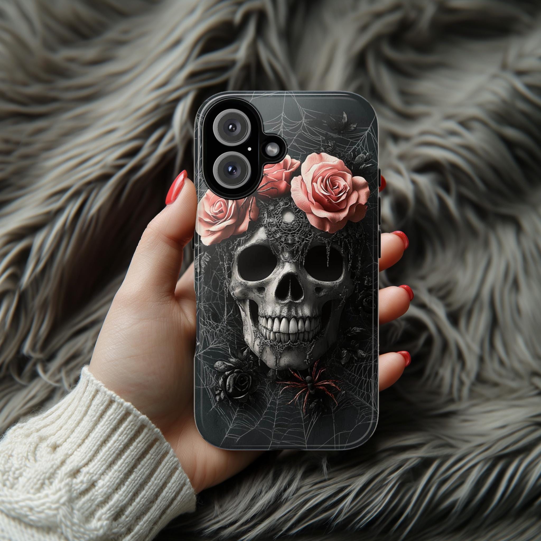 Dark Gothic Pink Roses & Skull Phone Case, Dark Fantasy Art Design, Spider Webs Phone Case for iPhone 16, Samsung S25, Pixel 9, 465.3