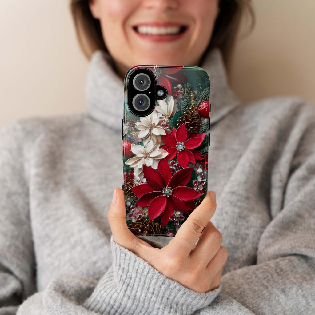 Christmas Poinsettia Phone Case, Festive Holiday Floral Cover for Tough Case or MagSafe for iPhone 17 16, Samsung, 481.8