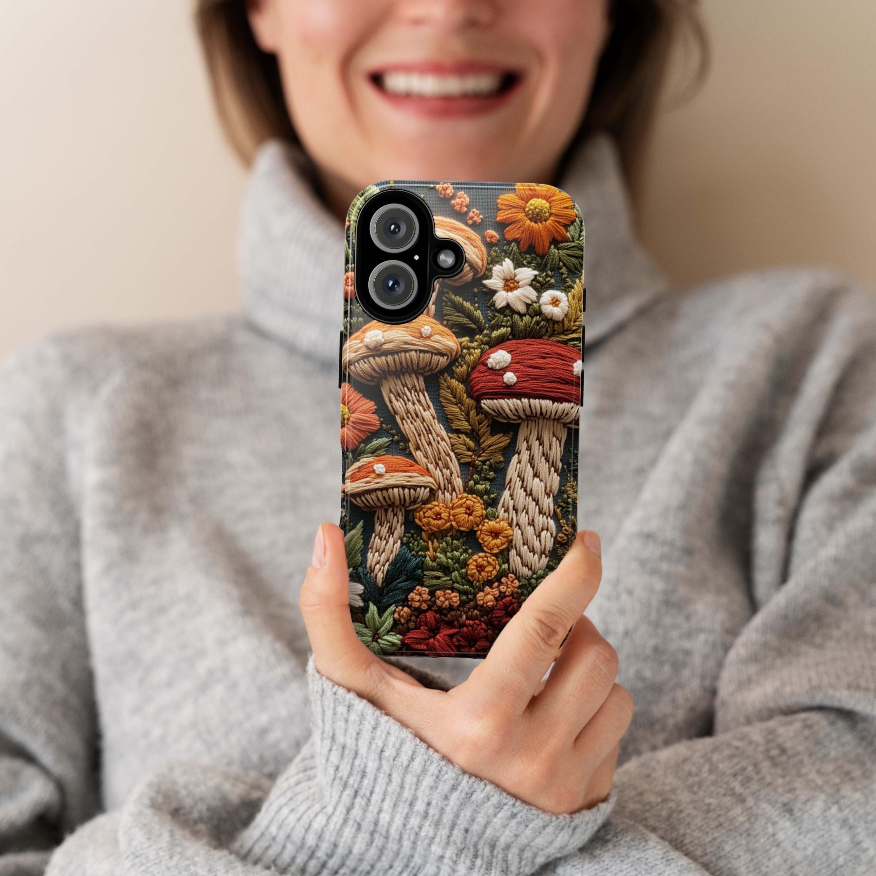 Embroidered Autumn Mushrooms Phone Case, Fall Forest MagSafe for iPhone 16 15 14 13 12 Pro Max Plus, Samsung S24 Ultra, Pixel 8, 453.4