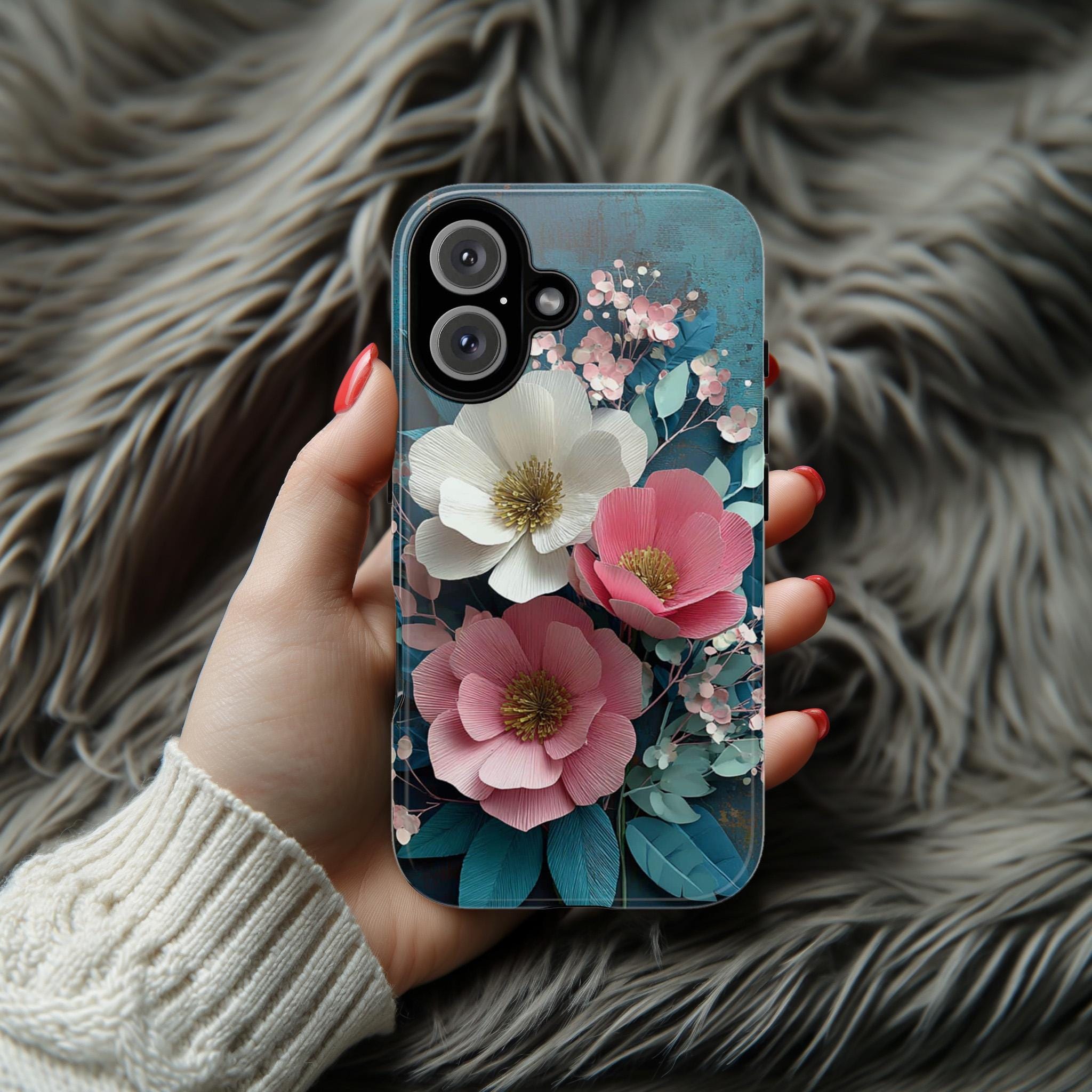 Rustic Paper Art Floral Phone Case with White & Pink Flowers, 3D Botanical Design for iPhone 16 15 14 13 Tough or Magsafe, Samsung, 470.16