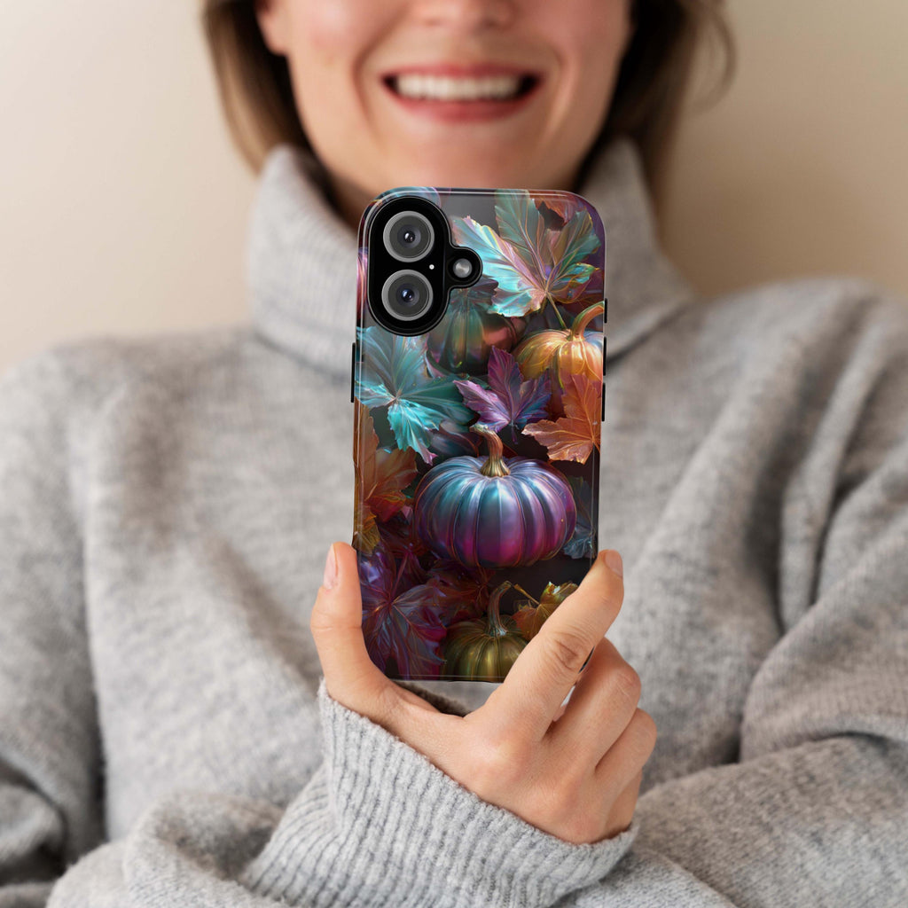 Shiny Halloween Pumpkin Phone Case with Autumn Leaves, Metallic Effect Seasonal Cover for iPhone 16 15 14 Tough or Magsafe, Samsung, 475.22