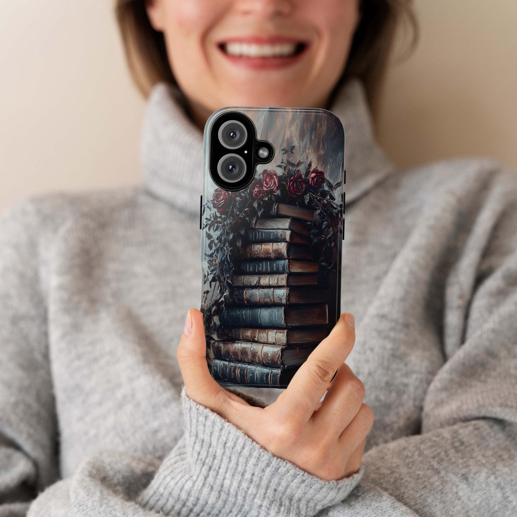 Dark Library Floral Phone Case, 3D Books and Flowers Case, Gothic Dark Academia for iPhone Magsafe 16, 15, 14, 13 & Samsung, Pixel 9, 423.18