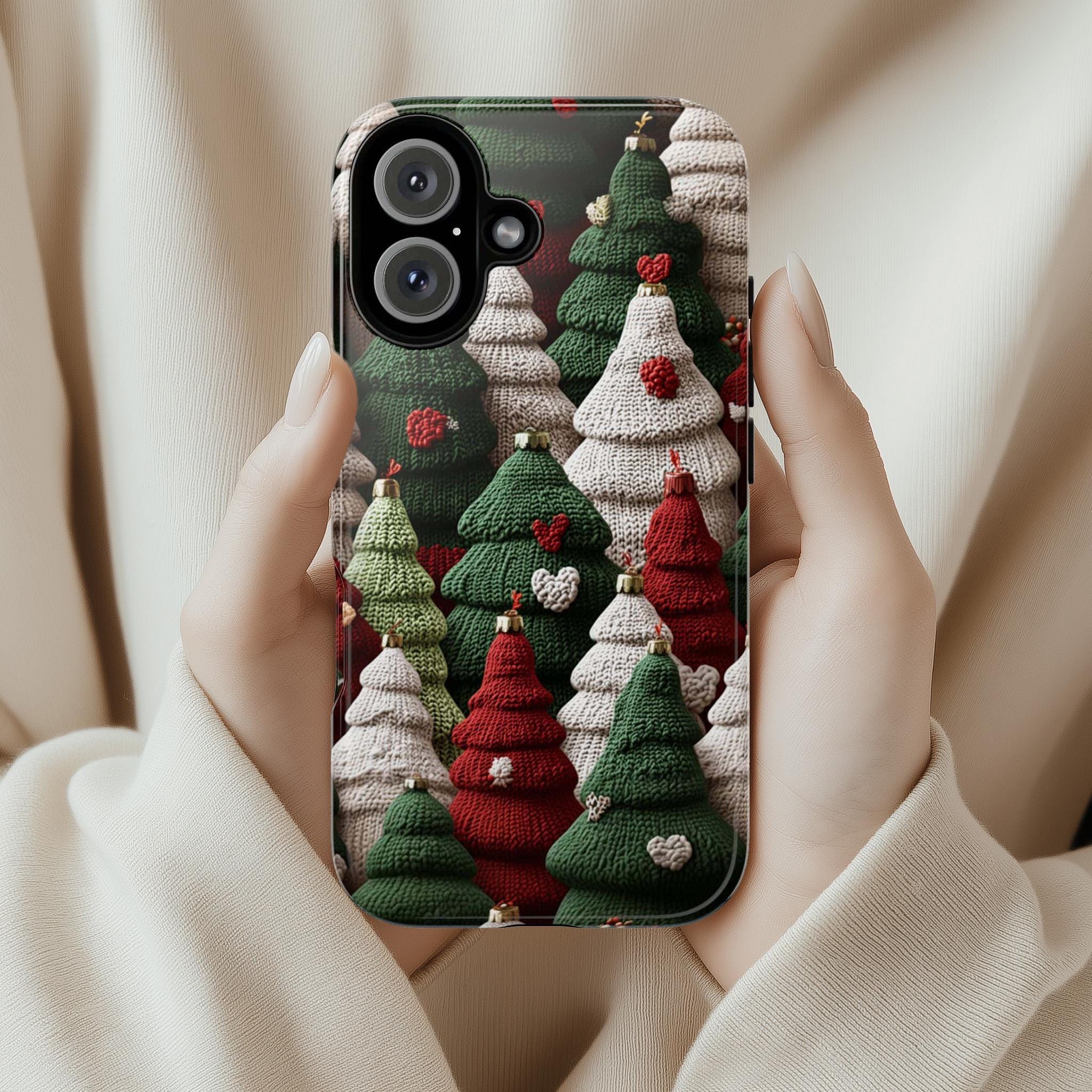 Christmas Tree Red Green White Phone case Knitted effect - Winte Holiday Phone cover for iPhone 16 15 14 13 Magsafe Plus, Samsung S24, 443.1