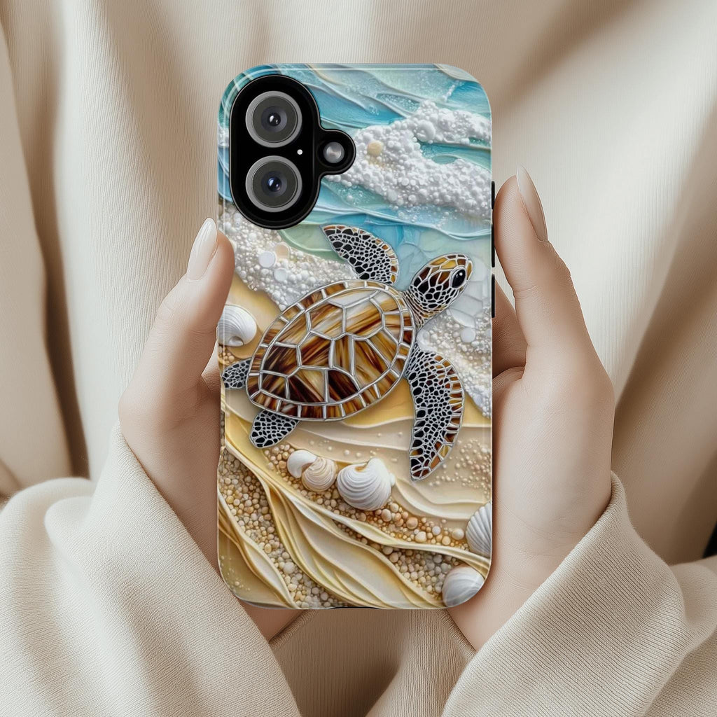 3D Ocean Turtle Beach Phone Case, Sea Waves and Shells Design for iPhone 16, 15, 14, 13 Tough or Magsafe, Samsung Galaxy S25, Pixel 9, 455.9