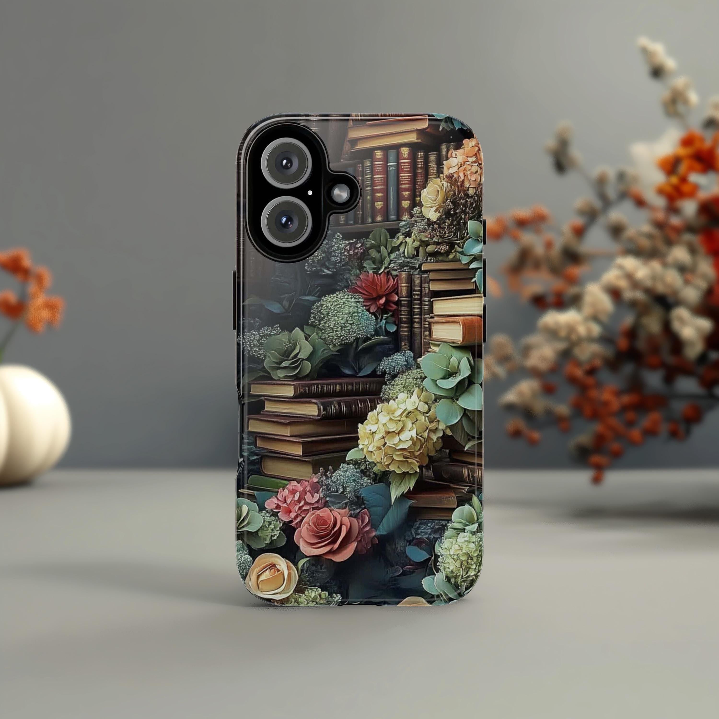 Floral & Library Books Phone Case, Botanical Plant Design Phone Case, Vintage Book Lover Cover for iPhone Tough or Magsafe, Samsung, 423.29