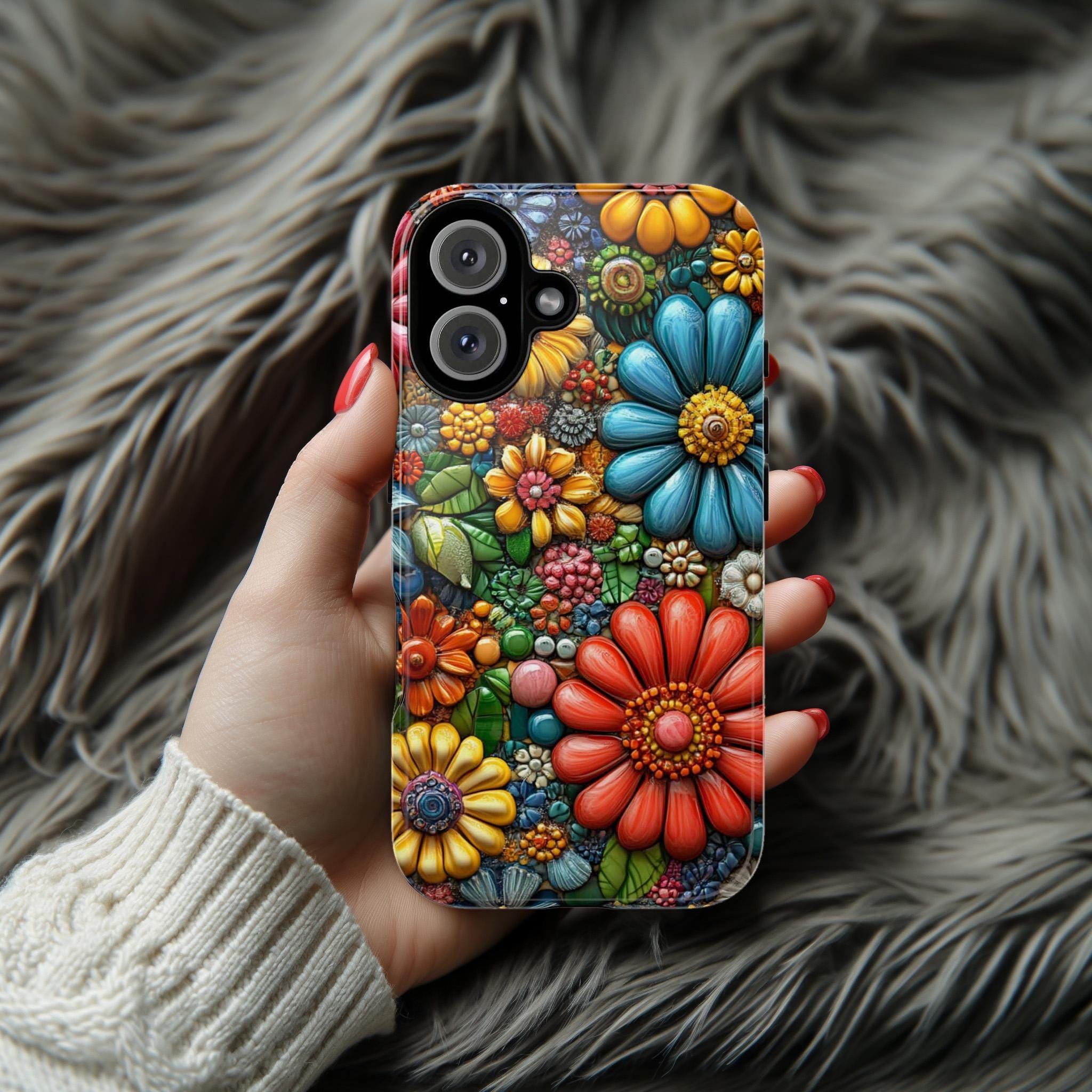 Colorful Daisy Botanical Floral Phone Case, 3D Effect Vibrant Floral Phone Case for iPhone 16 15 14 13 Tough or Magsafe, Samsung, 476.10