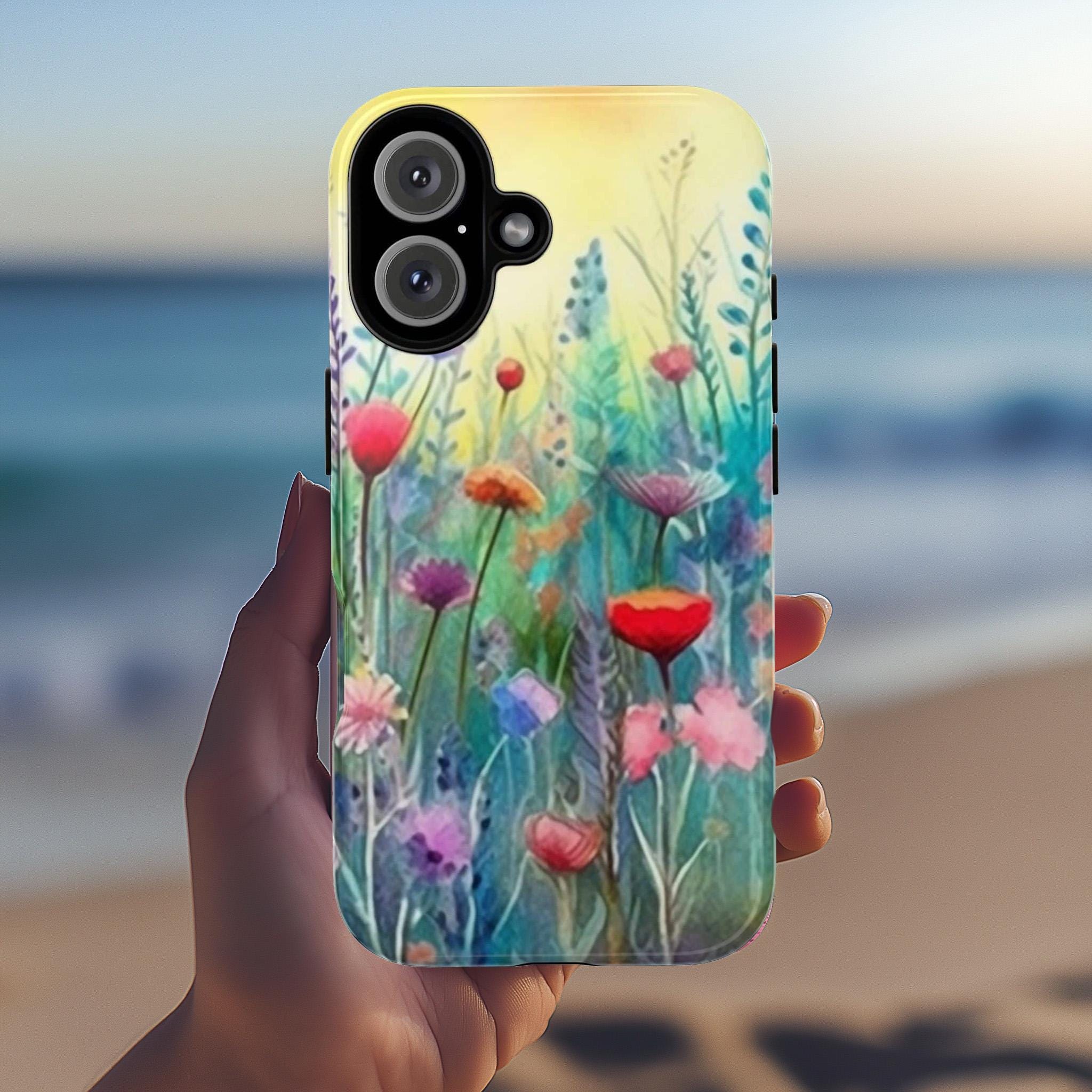 Meadow Floral iPhone Case with Rainbow Ombre Paint Vibes Cover for iPhone 16 15 14 13 Tough or Magsafe, Samsung, Flowers Lovers Gift, 90.3
