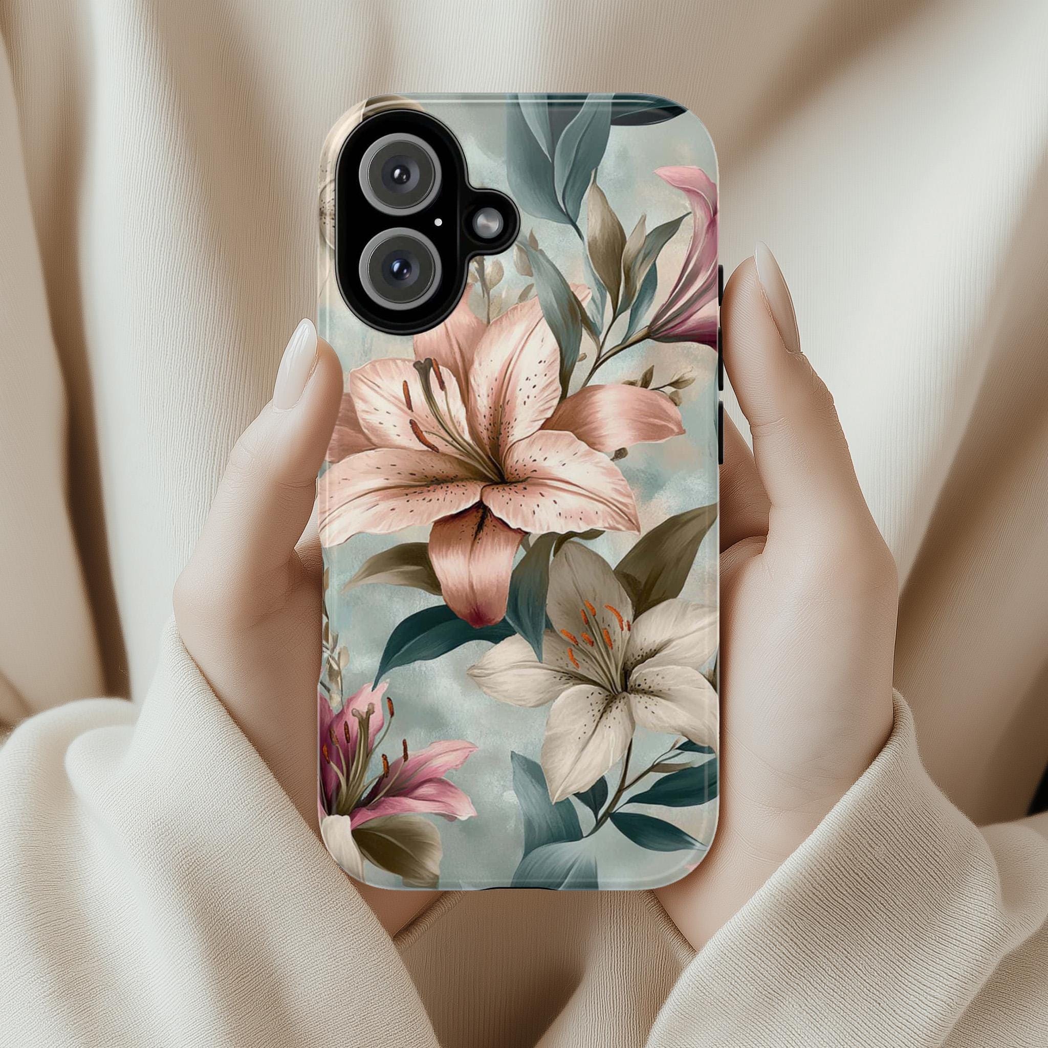 Pastel Floral Phone Case with Elegant Lily Design, Soft Aesthetic Cover for iPhone and Android, Romantic Nature-Inspired Gift, 477.2