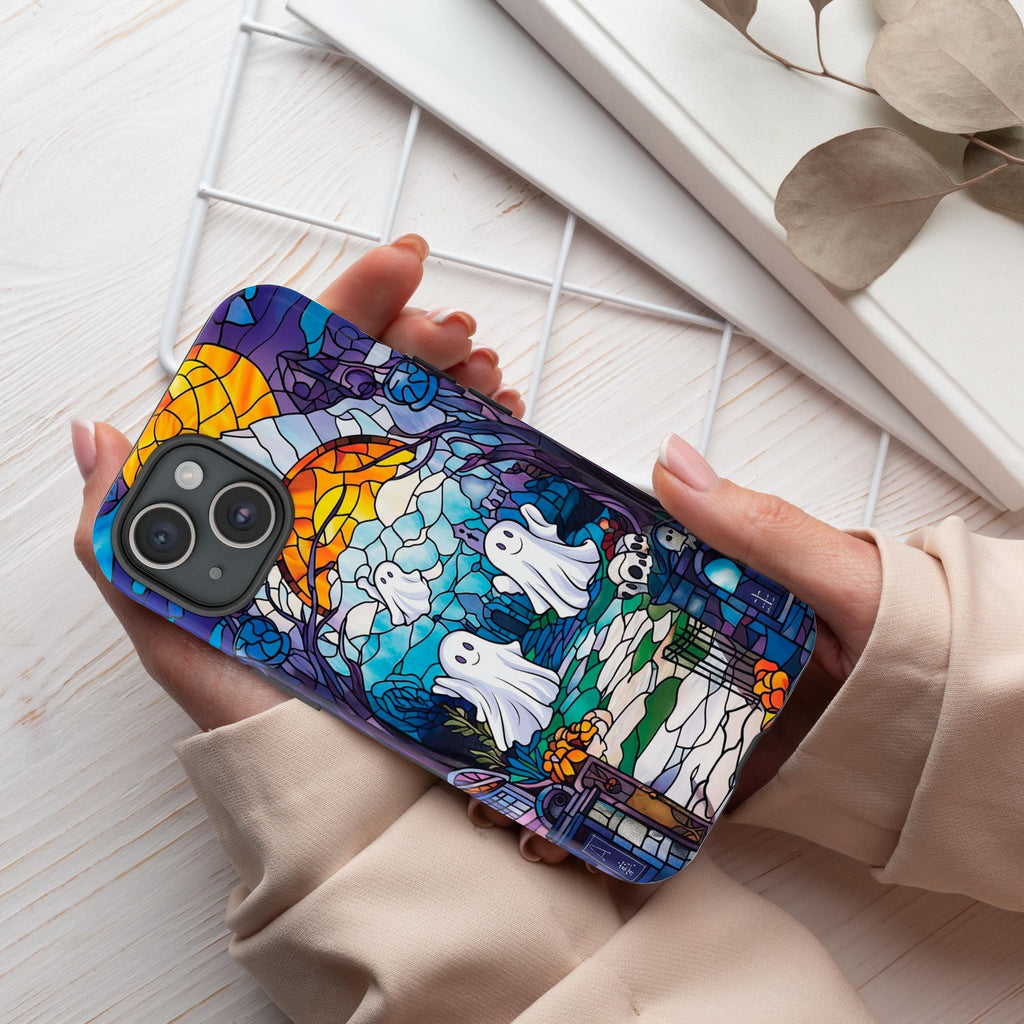 Halloween Phone Case Witchy Ghost Stained Glass Cover Spooky Phone Case for iPhone 16 15 14 13 12 11 Pixel 5 6 7 8 Galaxy S 24 23 22 21 20