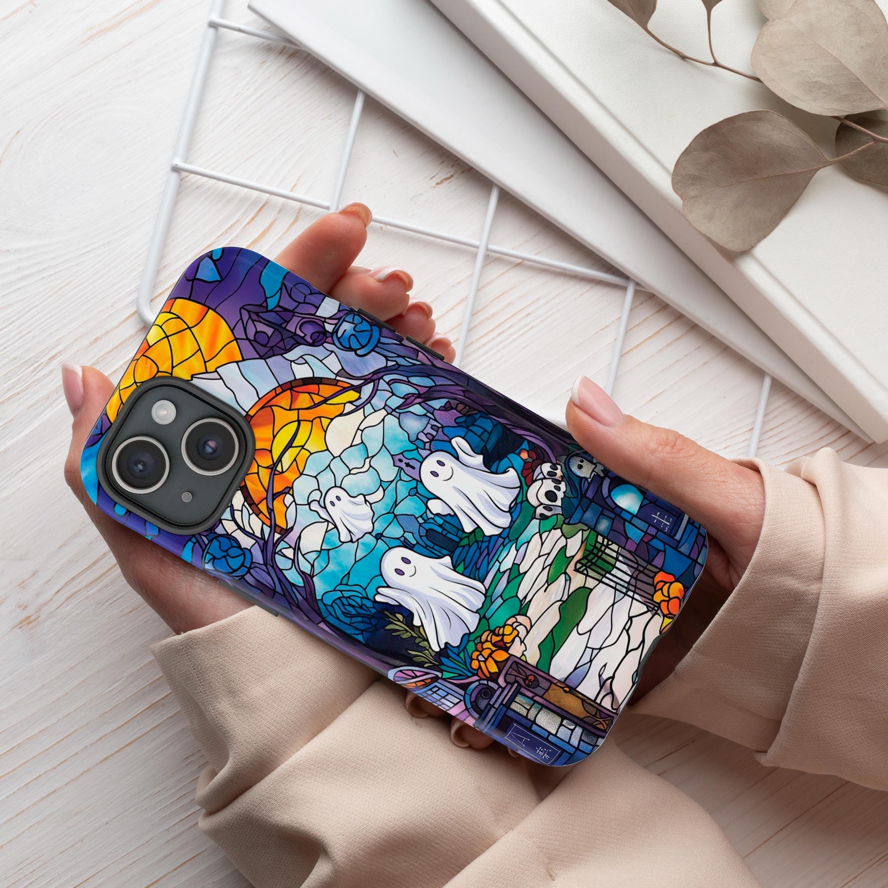 Halloween Phone Case Witchy Ghost Stained Glass Cover Spooky Phone Case for iPhone 16 15 14 13 12 11 Pixel 5 6 7 8 Galaxy S 24 23 22 21 20