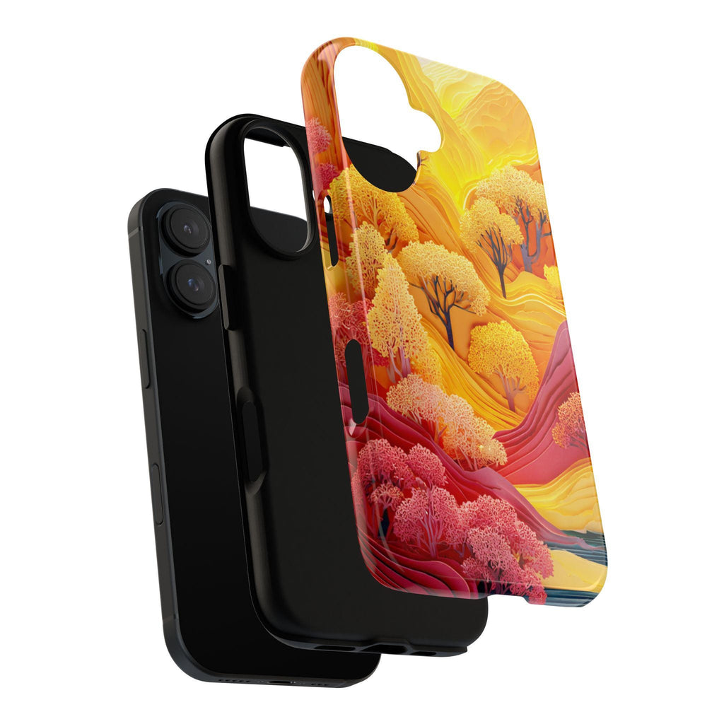 3D Paper Art Phone Case, Autumn Forest & Mountain Cover, Yellow Orange Fall for iPhone 16 15 14 13 Tough or Magsafe, Samsung, 470.15