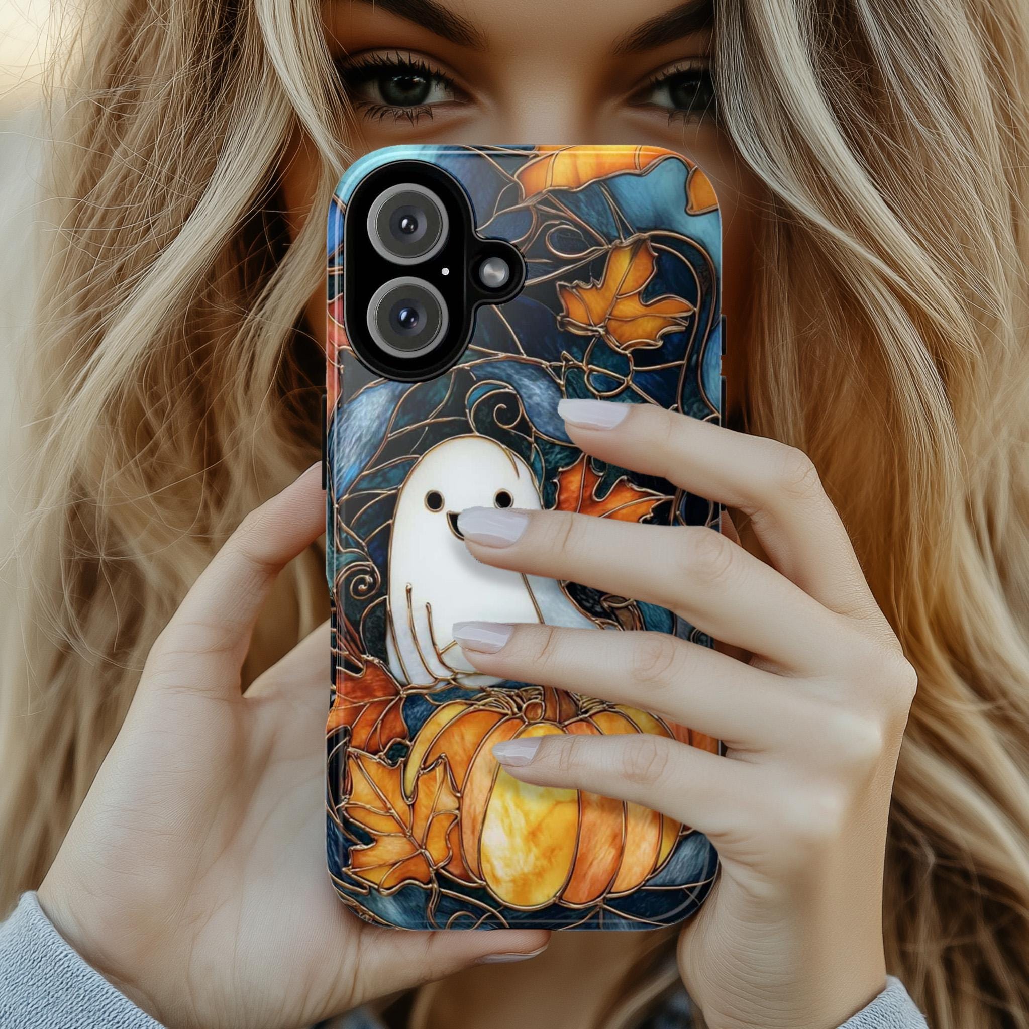 Cute Ghost Halloween Phone Case with Pumpkins | Autumn Leaves Stained Glass Style Cover for iPhone 17 16 Tough or Magsafe, Samsung, 475.26