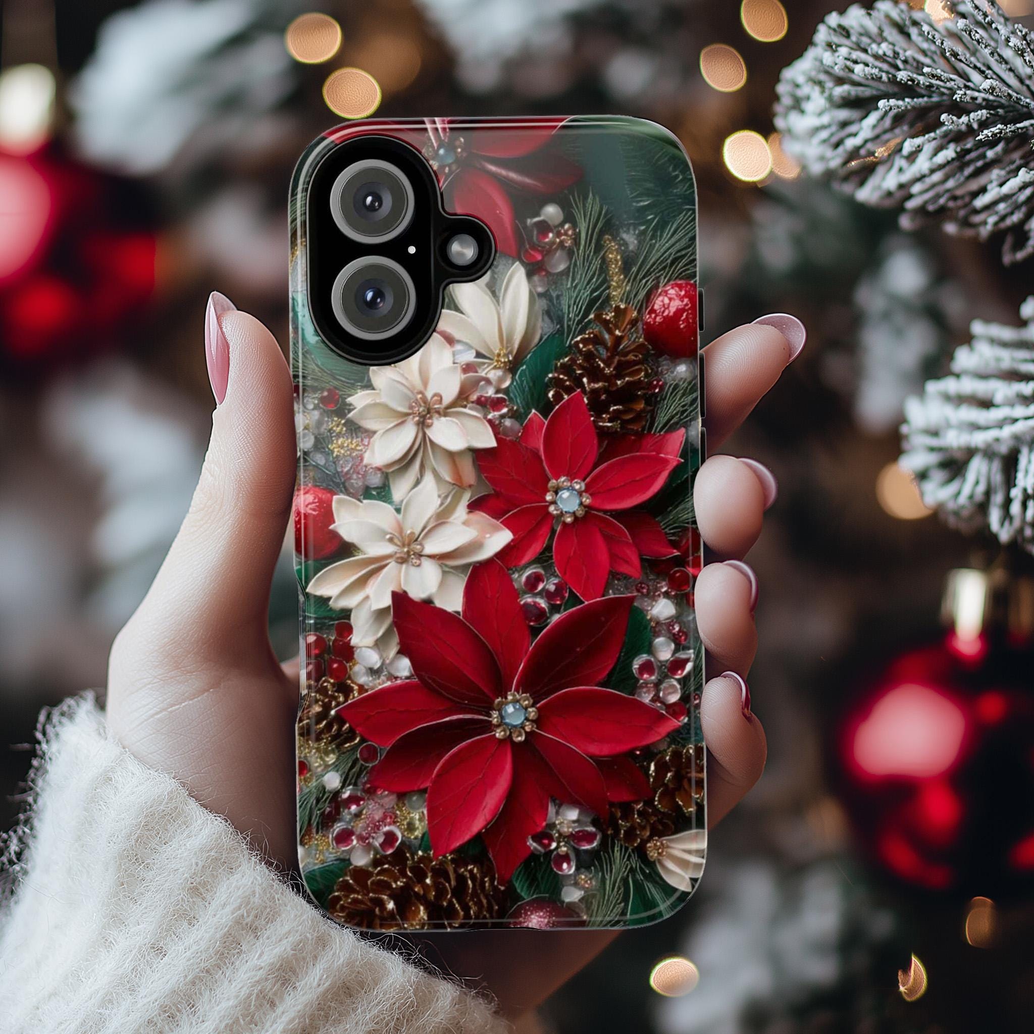 Christmas Poinsettia Phone Case, Festive Holiday Floral Cover for Tough Case or MagSafe for iPhone 17 16, Samsung, 481.8
