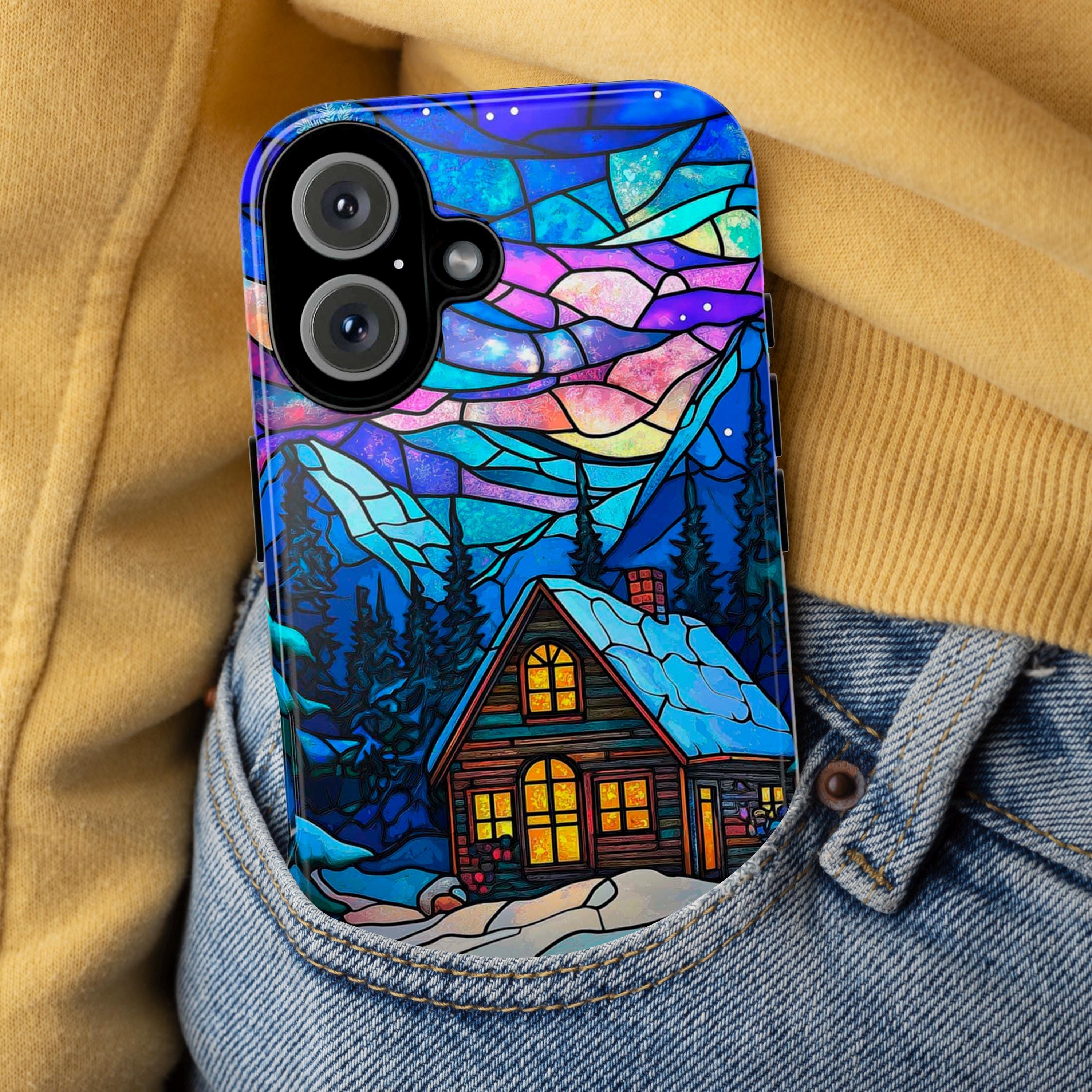 Winter Fairytale Stained Glass Landscape Phone Case, Christmas Holiday Phone Cover for iPhone 15 14 13 12 Pro Max Plus, Galaxy S25, 417.1