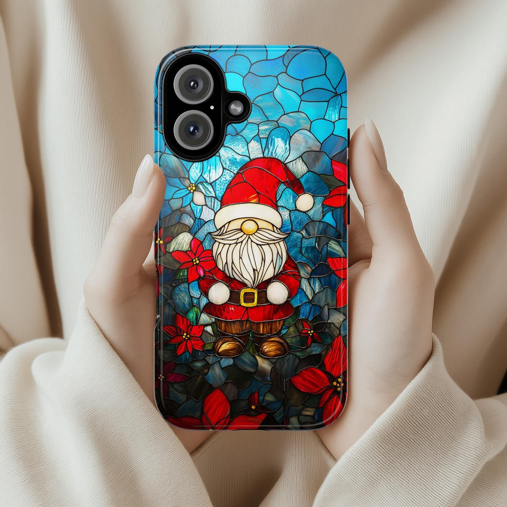 Holiday Santa & Poinsettia Stained Glass Winter Phone Case, Xmas Gnome and Floral Design MagSafe for iPhone 16 15 14 13, Samsung S24, 427.7