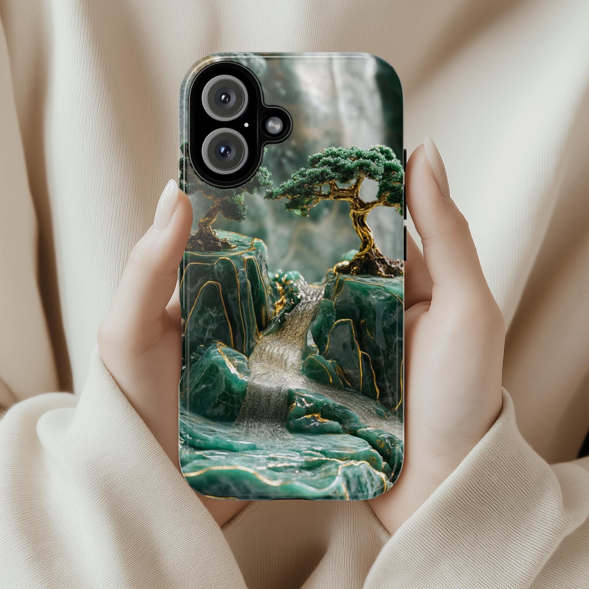 Asian Green Jade Carving Phone Case, Landscape Scenery Art Phone Cover, Aesthetic Phone Cover for iPhone 16 15 Pro Max, Samsung S24, 438.5