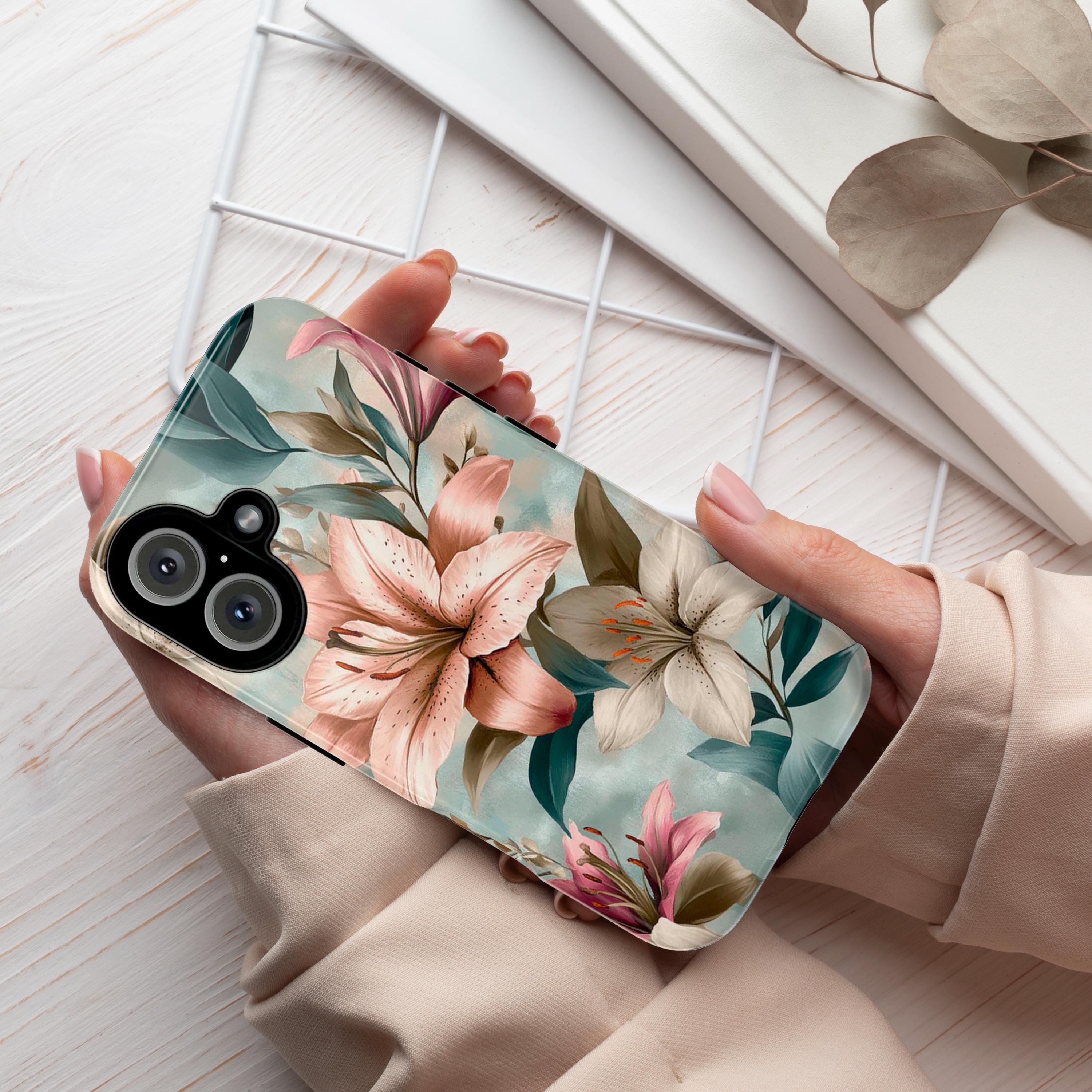 Pastel Floral Phone Case with Elegant Lily Design, Soft Aesthetic Cover for iPhone and Android, Romantic Nature-Inspired Gift, 477.2