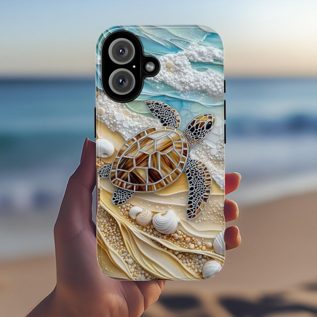 3D Ocean Turtle Beach Phone Case, Sea Waves and Shells Design for iPhone 16, 15, 14, 13 Tough or Magsafe, Samsung Galaxy S25, Pixel 9, 455.9