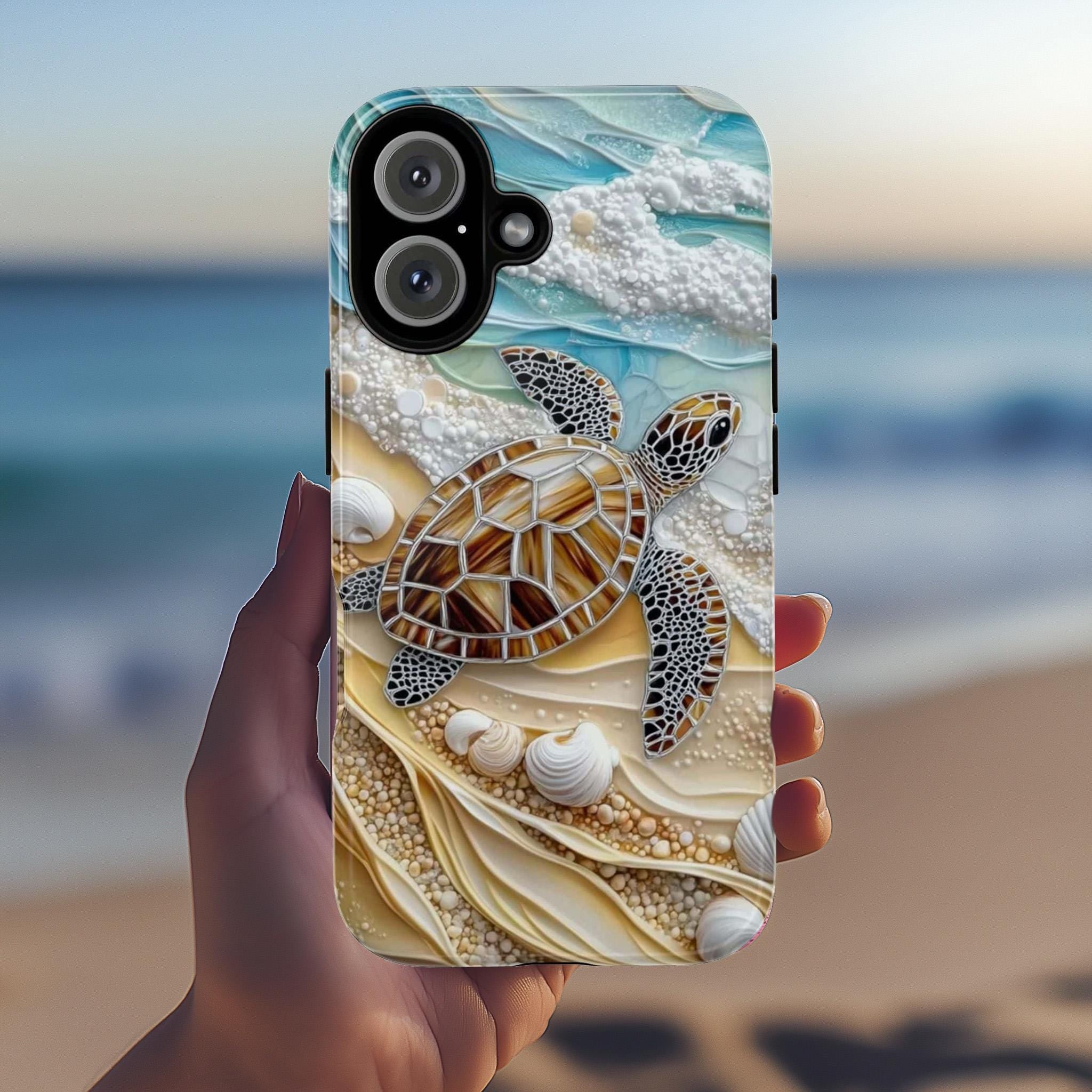 3D Ocean Turtle Beach Phone Case, Sea Waves and Shells Design for iPhone 16, 15, 14, 13 Tough or Magsafe, Samsung Galaxy S25, Pixel 9, 455.9