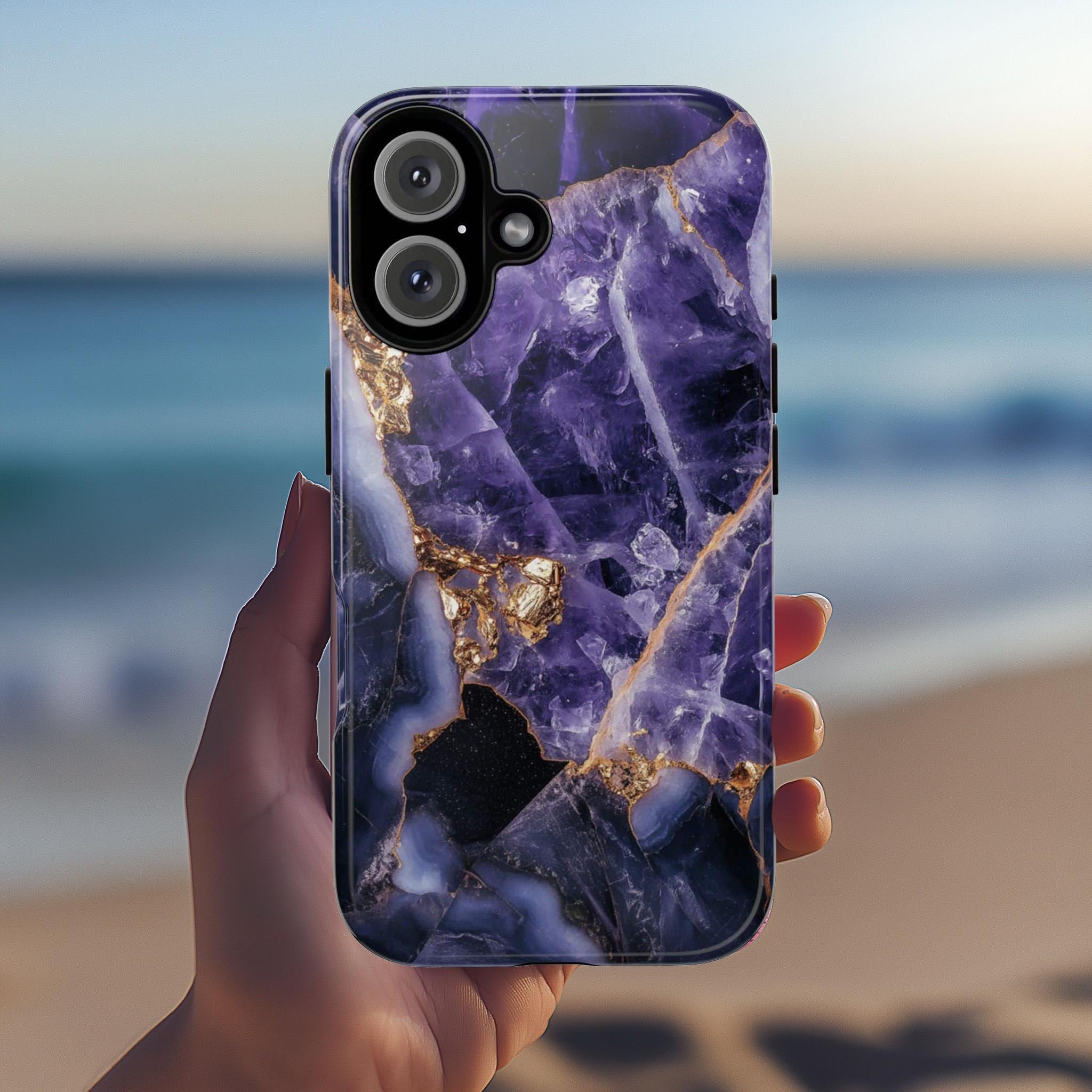 Purple Mineral Amethyst Phone Case with Gold, Aesthetic Lilac Amethyst Cover, Elegant Protective Cover for iPhone & Android Devices, 438.7