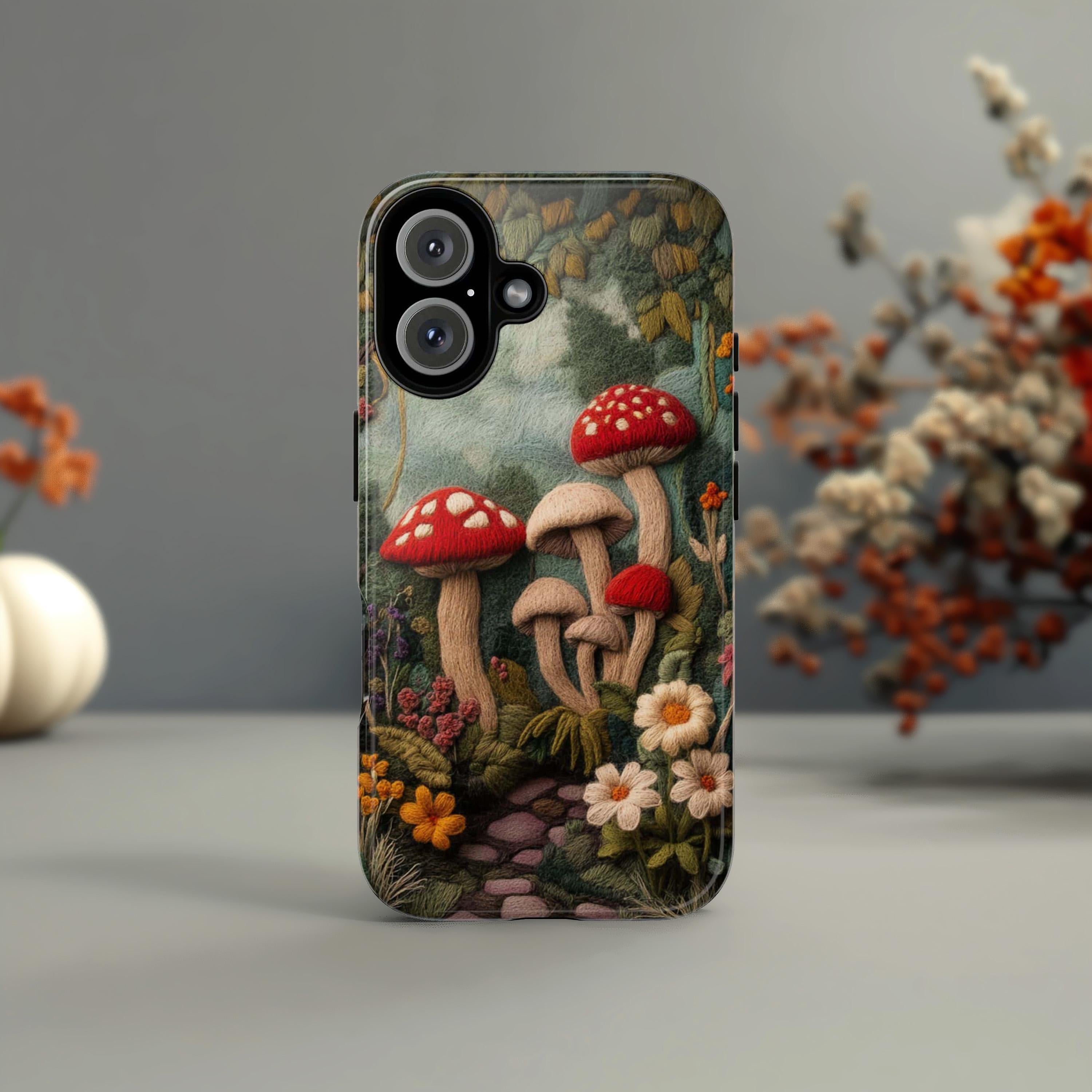 3D Felted Mushroom & Floral Cottagecore Phone Case, Forest Lover Gift, Woodland Case for iPhone 16 15 14 13 Magsafe, Samsung S25, 452.8
