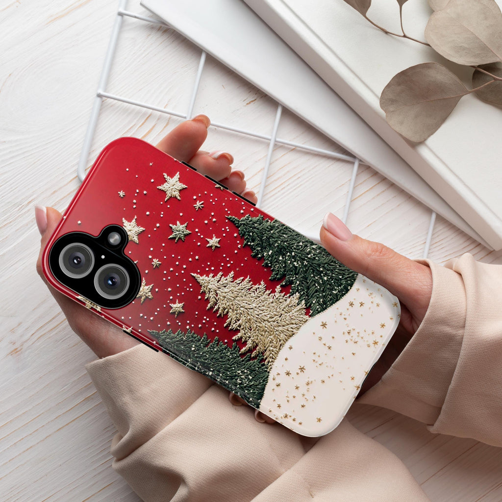 Christmas Tree & Star 3D Winter Phone Case, Embroidered Festive Holiday Phone Cover for iPhone 16 15 14 13 Magsafe Plus, Samsung S24, 444.1