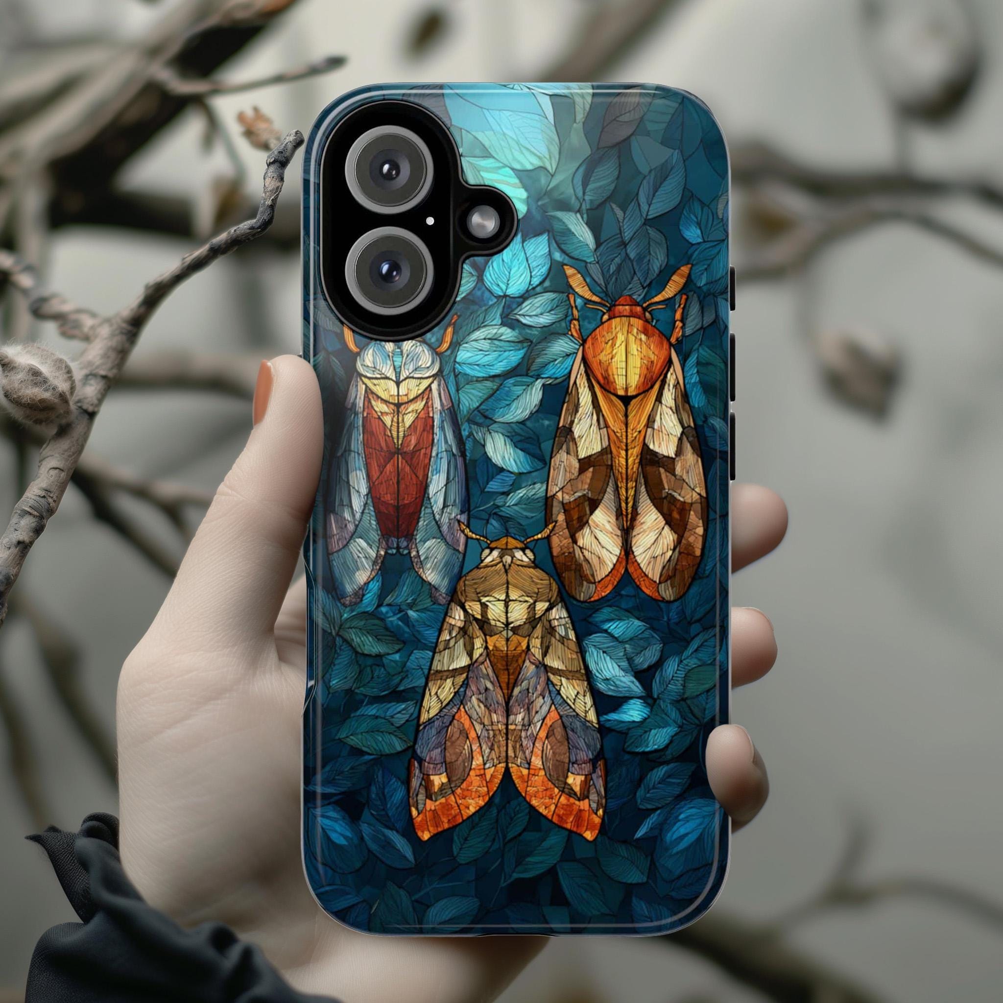 Mystical Night Insect Phone Case with Stained Glass Effect, Magical Bug Design, Artistic Protective Cover for iPhone & Samsung, 478.4