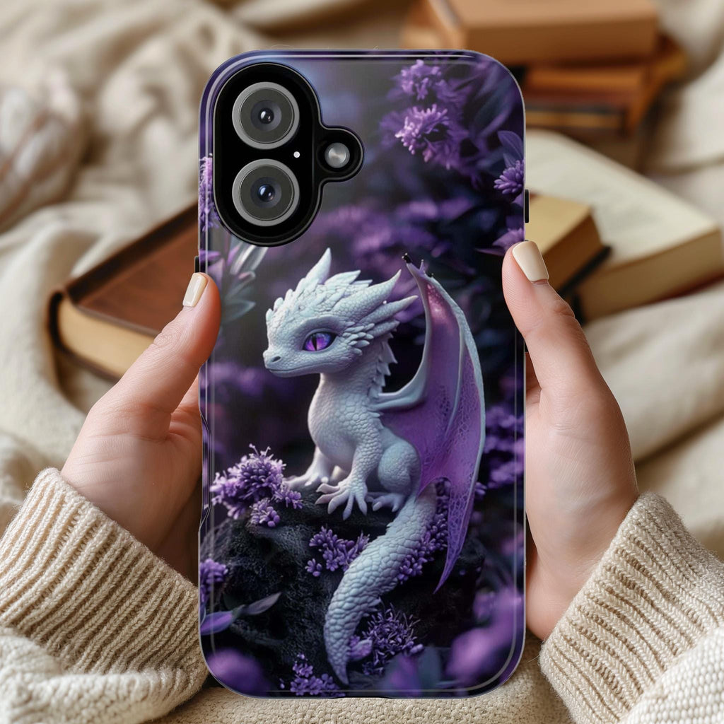 Cute 3D effect Baby Dragon Purple Floral Phone Case | White Baby Dragon Phone Cover for iPhone 16, 15, 14, 13 Tough or Magsafe, 421.9