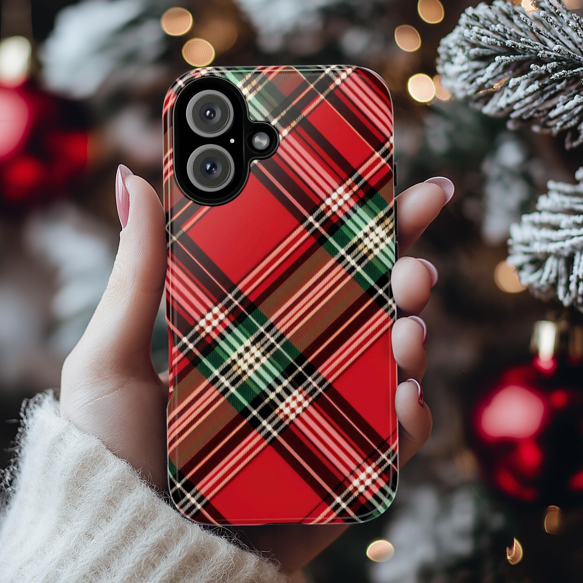 Christmas Plaid Xmas Phone Case Holiday Holly Phone Case, Custom Winter Phone Cover for iPhone 16 15 14 13 Pro Max Plus/Samsung S25, 108