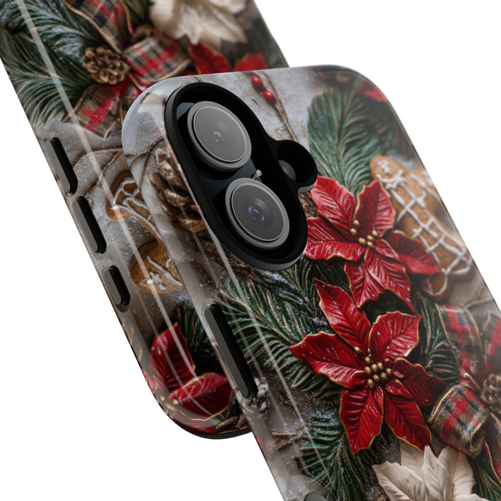 Xmas 3D Poinsettia Floral Phone Case, Holiday Red Green Brown light glitter effect for iPhone 16 15 14 13 Magsafe Plus, Samsung S24, 437.3