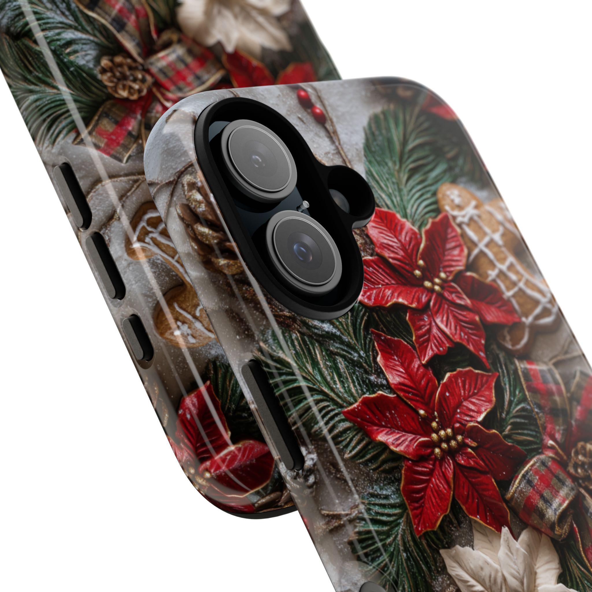 Xmas 3D Poinsettia Floral Phone Case, Holiday Red Green Brown light glitter effect for iPhone 16 15 14 13 Magsafe Plus, Samsung S24, 437.3