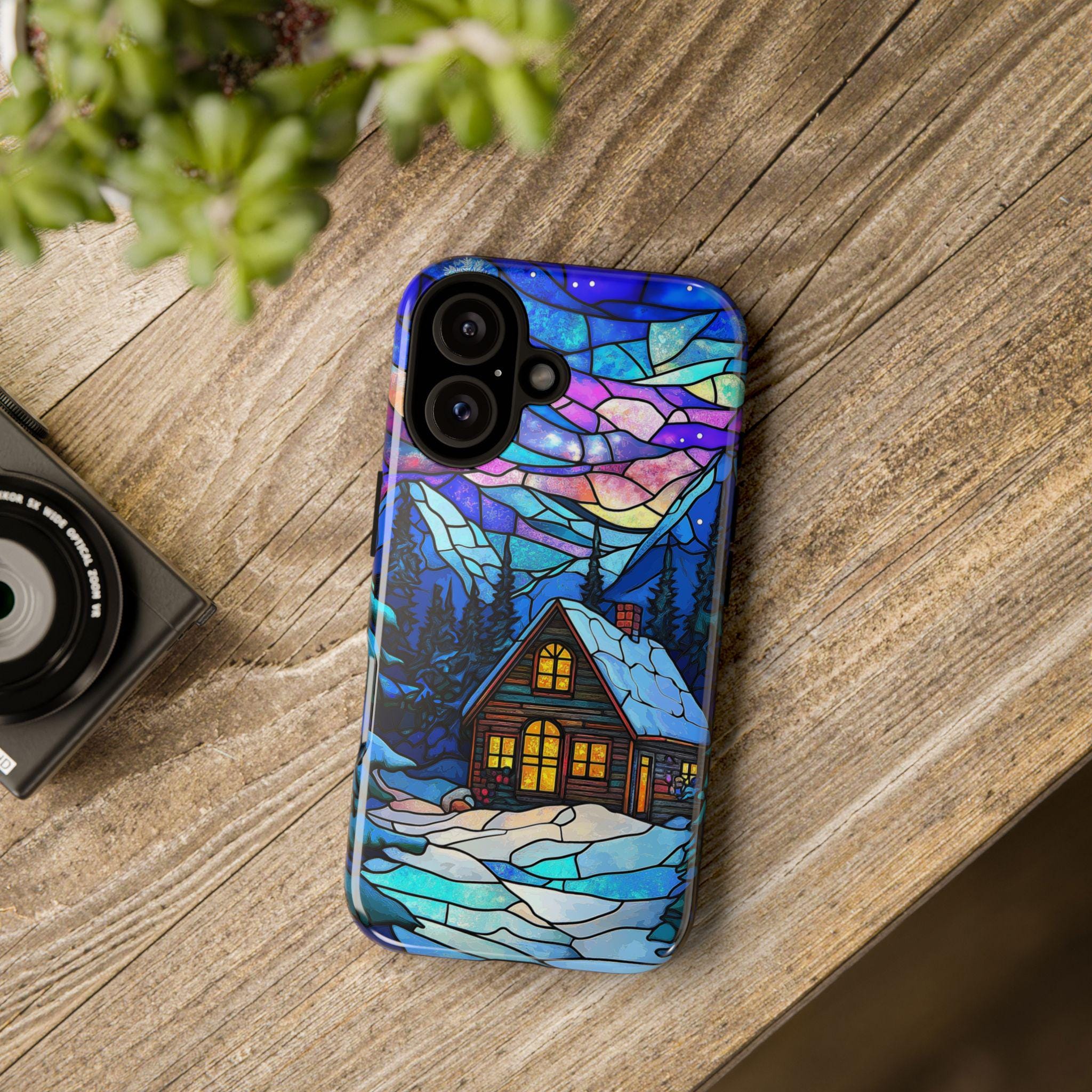 Winter Fairytale Stained Glass Landscape Phone Case, Christmas Holiday Phone Cover for iPhone 15 14 13 12 Pro Max Plus, Galaxy S25, 417.1
