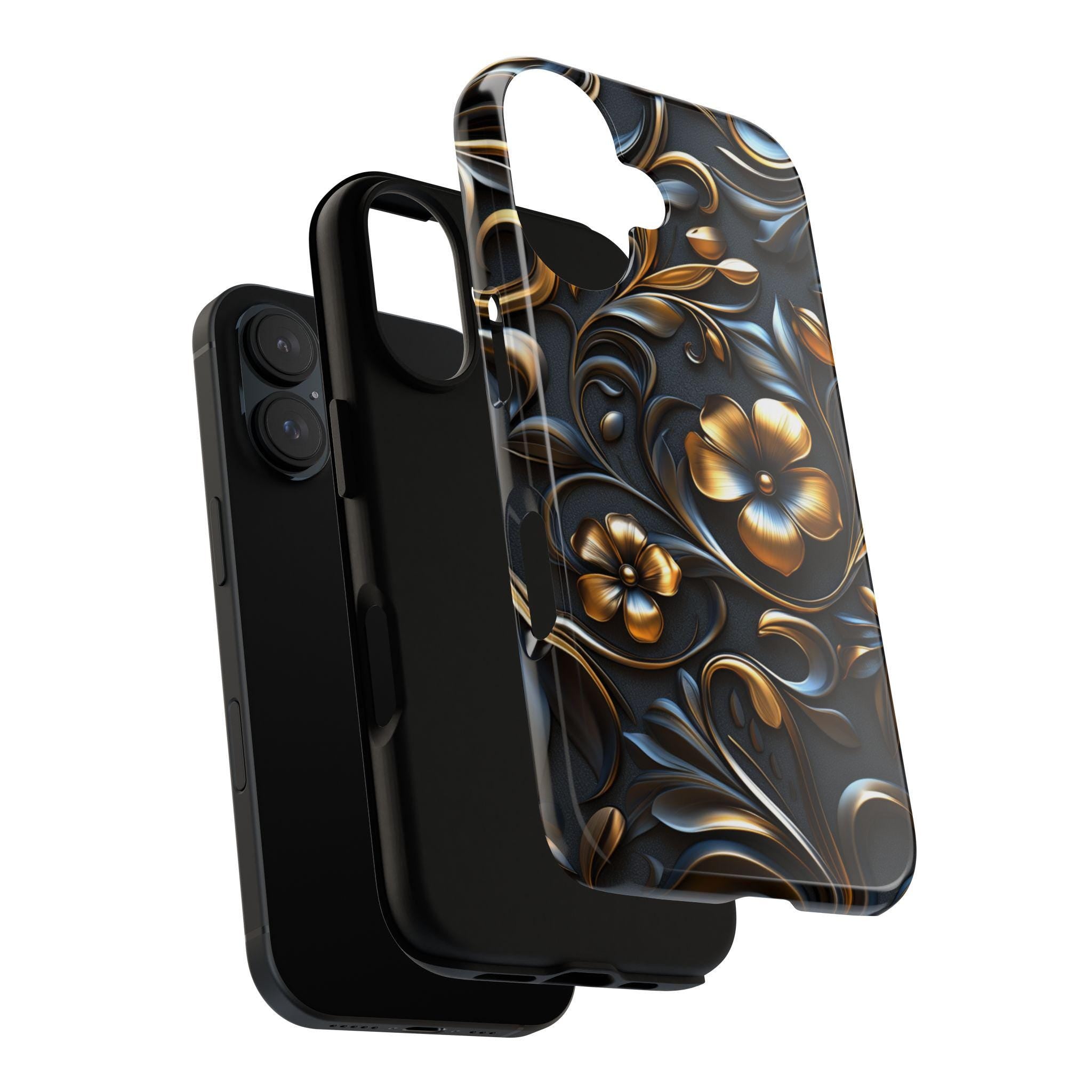 3D Gothic Gold Black Floral Phone Case - Dark Night Flowers Case fit for iPhone 16 Pro Max 15 14 13 12 Plus, Samsung S25 Ultra Plus, 428.1