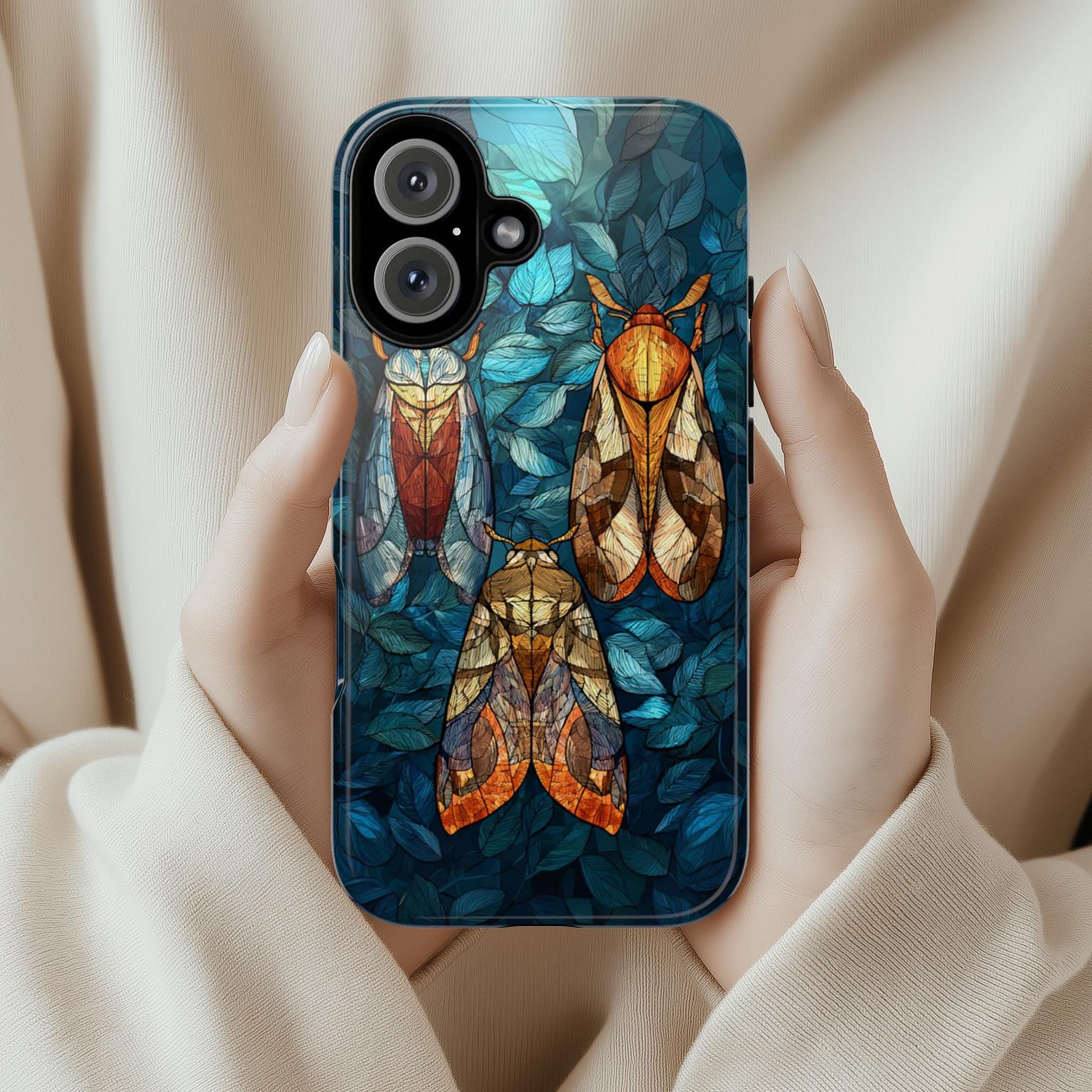 Mystical Night Insect Phone Case with Stained Glass Effect, Magical Bug Design, Artistic Protective Cover for iPhone & Samsung, 478.4