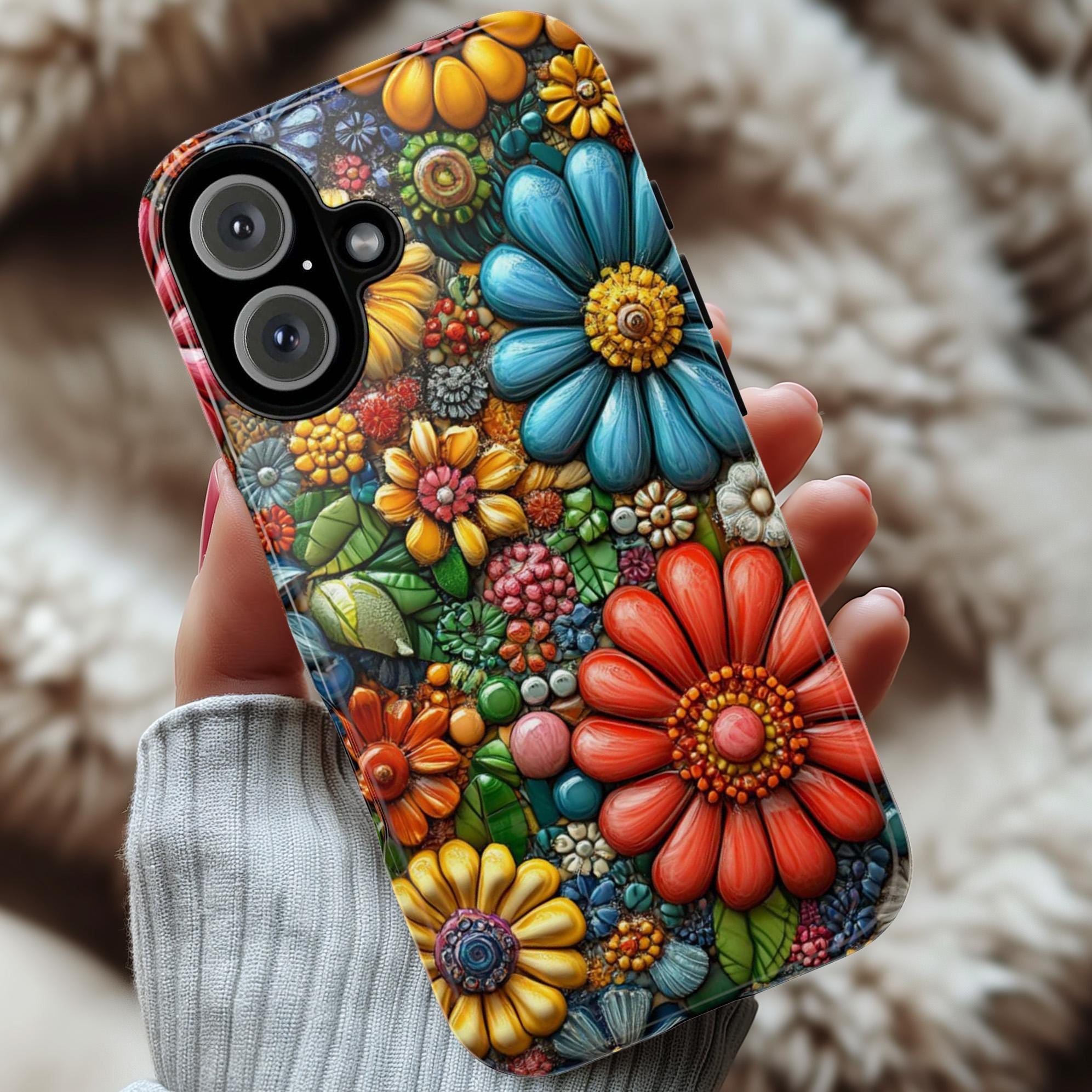 Colorful Daisy Botanical Floral Phone Case, 3D Effect Vibrant Floral Phone Case for iPhone 16 15 14 13 Tough or Magsafe, Samsung, 476.10