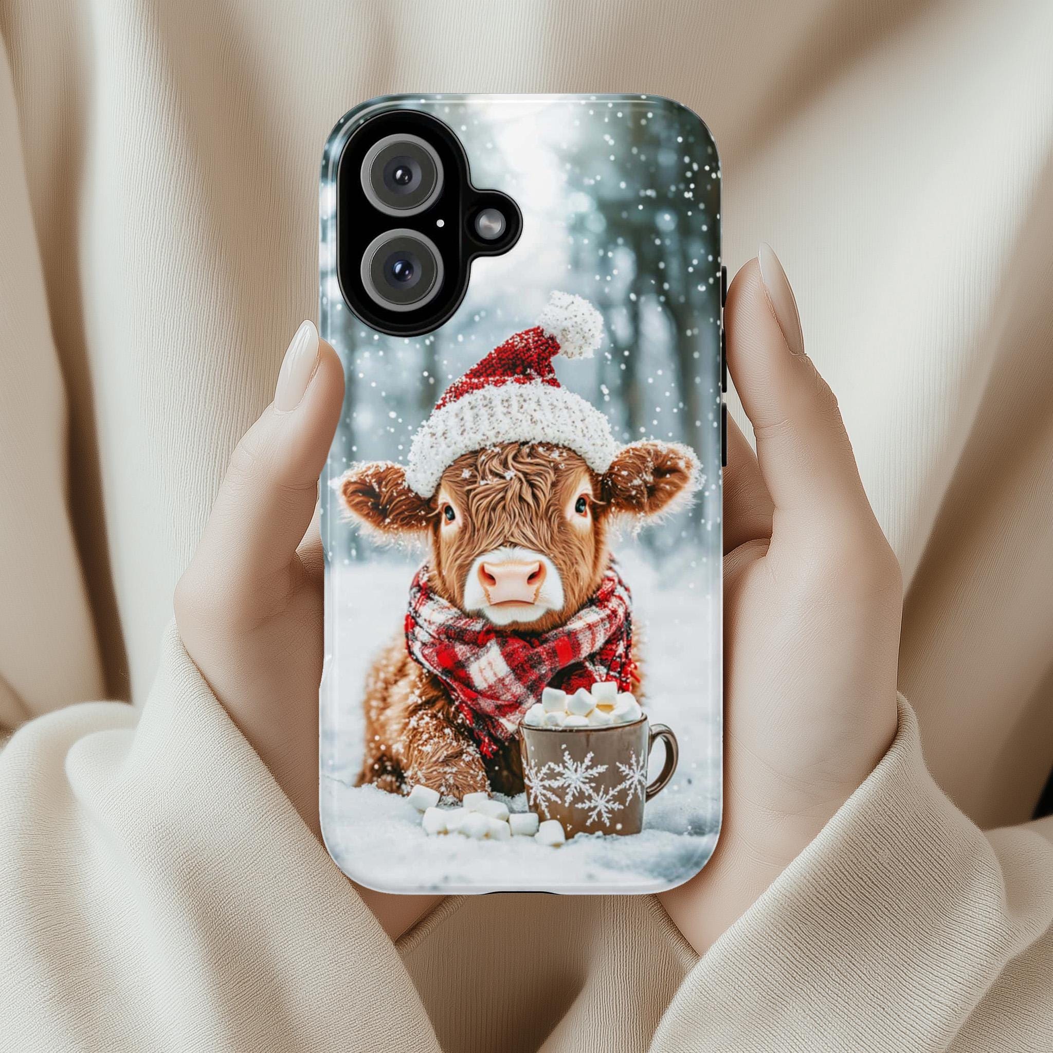 Christmas Highland Cow & Winter Forest Phone Case, Festive Xmas Hot Chocolate Marshmellow iPhone 16 15 14 13 Pro Max, Samsung S24, 440.4