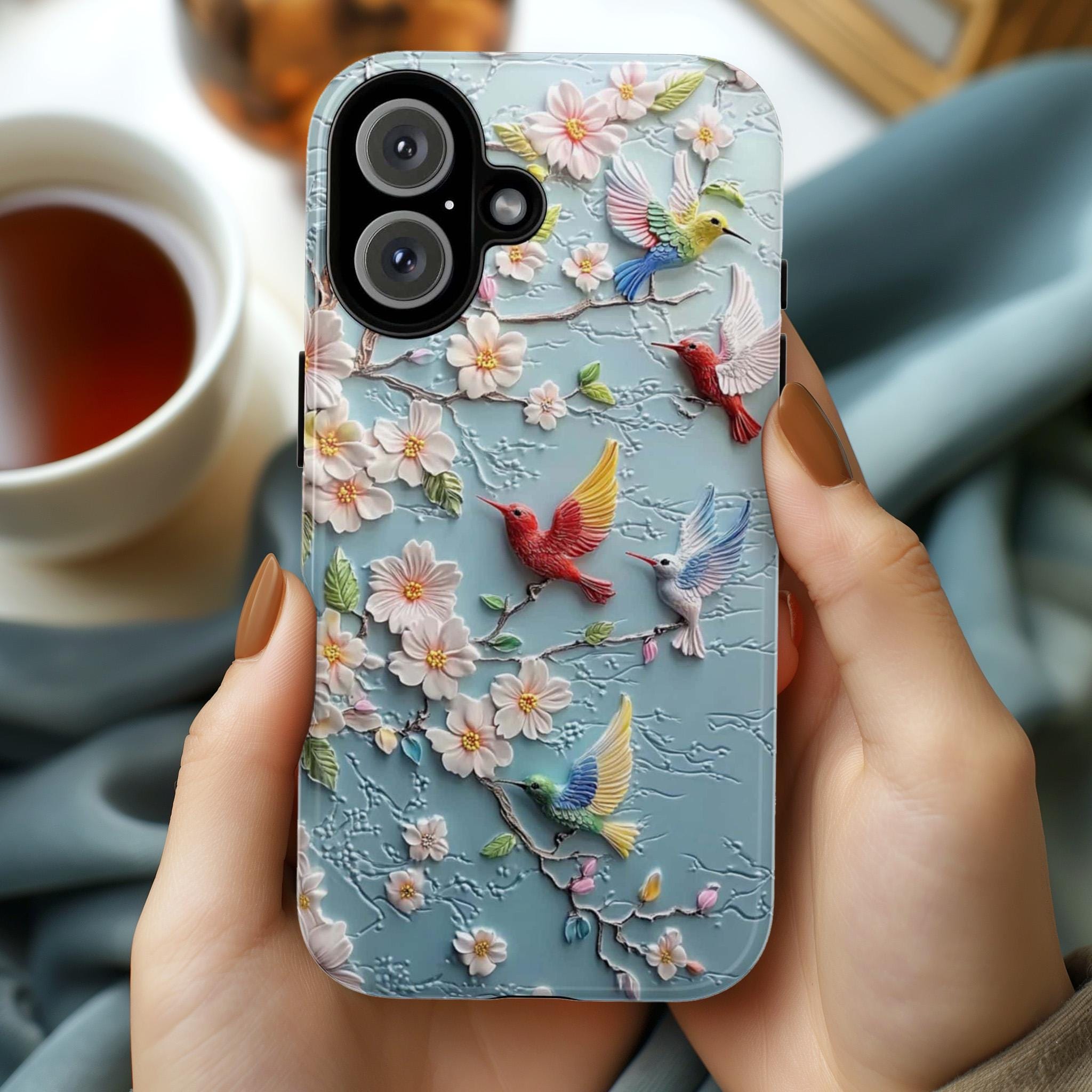 Colorful Hummingbird & Cherry Blossom Phone Case, Spring 3D Floral Design for iPhone 16, 15, 14, 13 Magsafe, Samsung S24, Pixel 9, 419.5