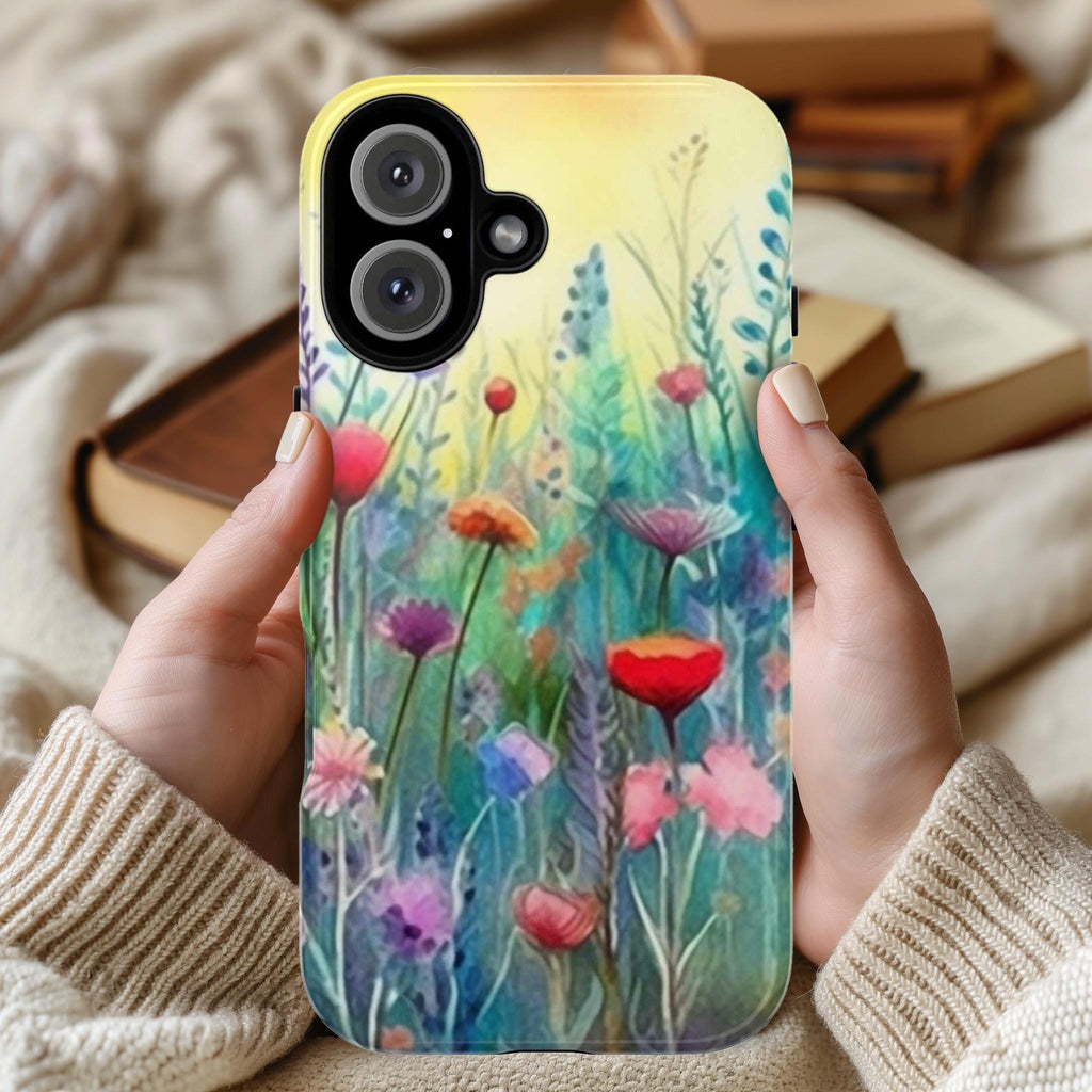 Meadow Floral iPhone Case with Rainbow Ombre Paint Vibes Cover for iPhone 16 15 14 13 Tough or Magsafe, Samsung, Flowers Lovers Gift, 90.3