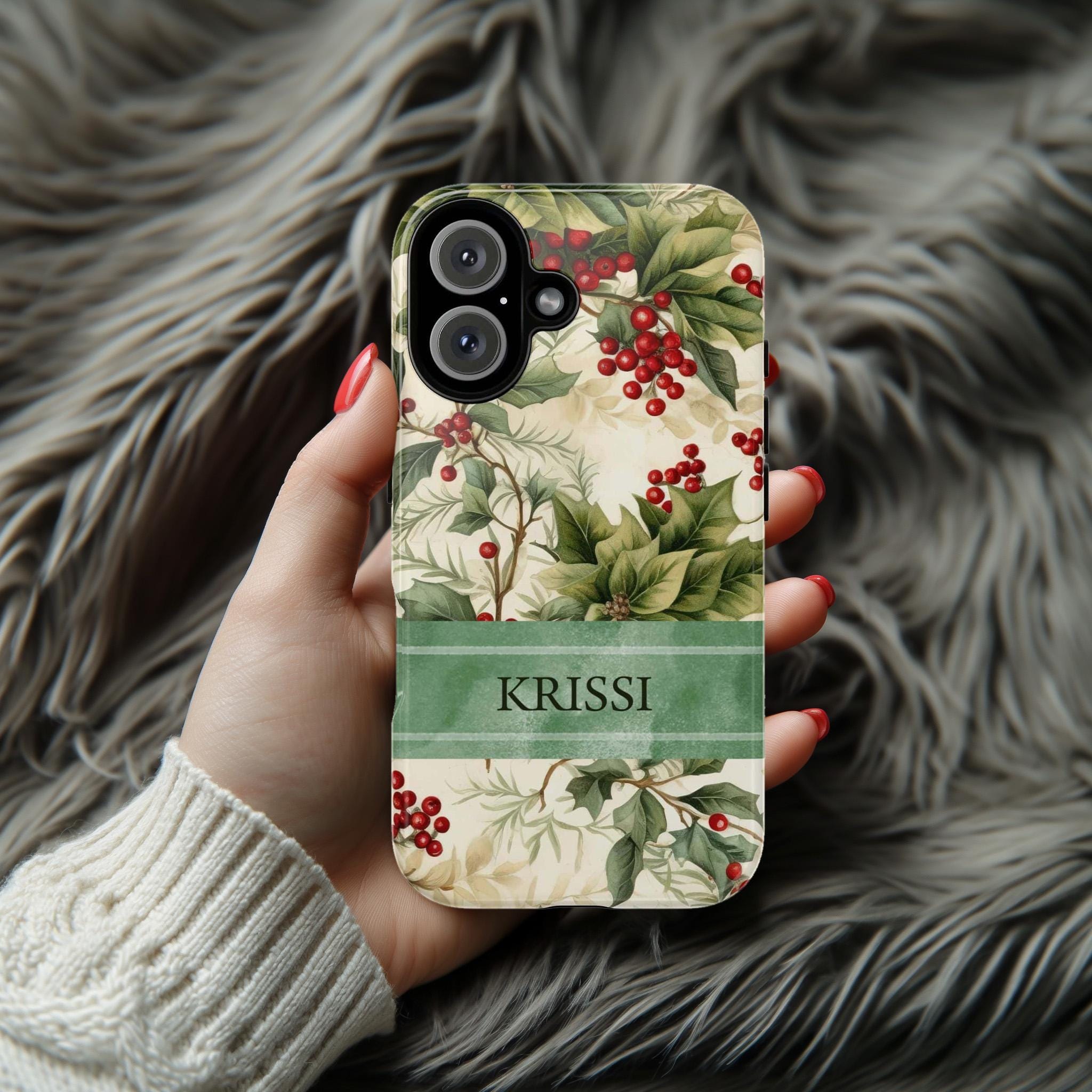 Personalized Xmas Phone Case Holiday Holly Phone Case, Custom Winter Phone Cover for iPhone 16 15 14 13  Pro Max Plus/Samsung S25, 107.2