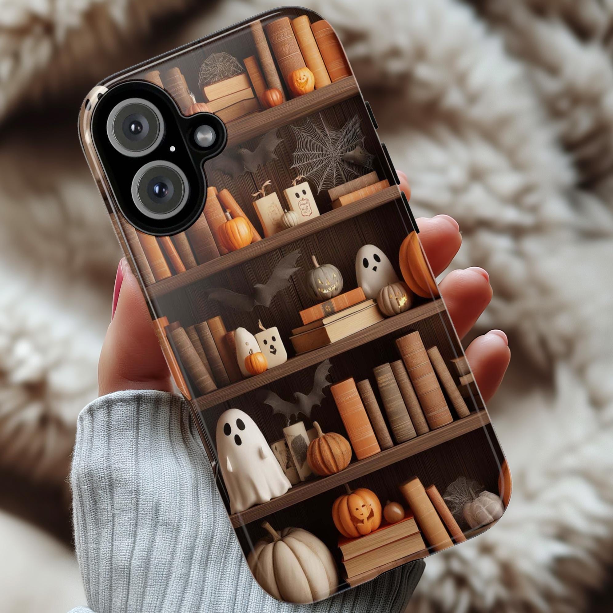 Gothic Library Phone Case, Ghosts & Pumpkins Phone Case, Halloween Lovers for iPhone 16 15 14 13 Tough or Magsafe, Samsung, 475.9