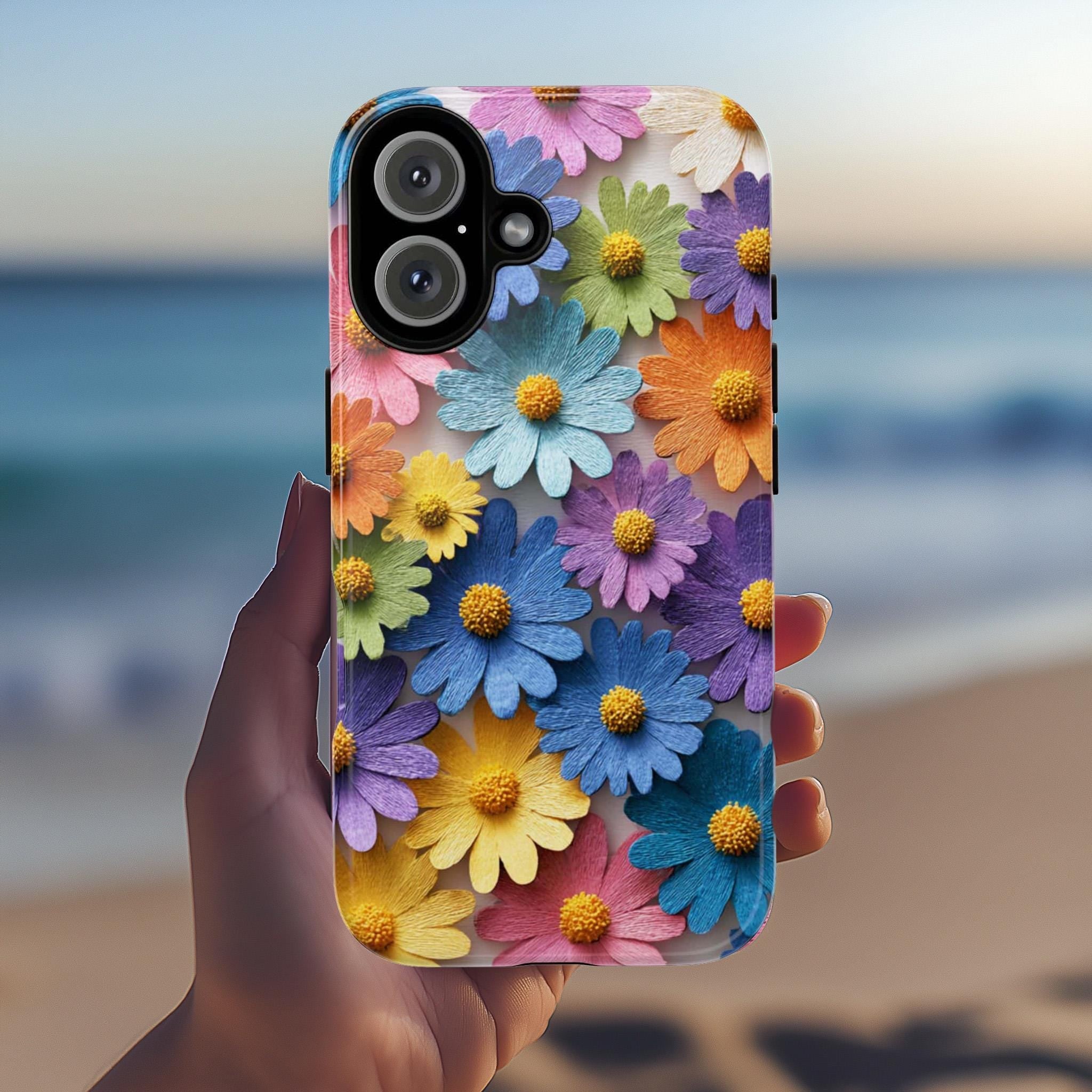 Colorful Daisy Floral 3D effect Phone Case, Paper Art Design Textured 3D Case, Artistic Cover for iPhone Tough or Magsafe, Samsung, 476.14