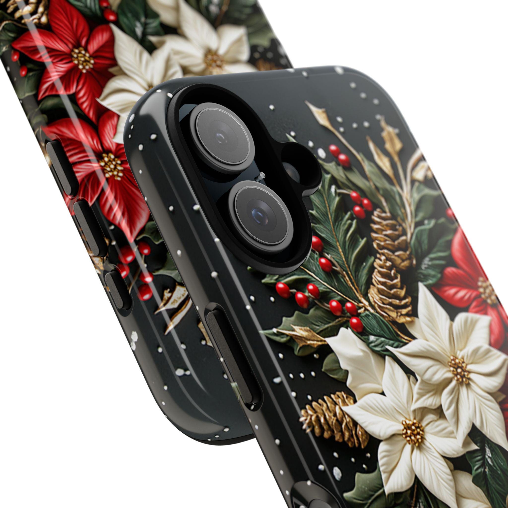 Poinsettia Floral Christmas Phone Case | Festive Red & White Floral 3D effect MagSafe for iPhone 16 15 14 13 Pro Max, Samsung S25, 433.11