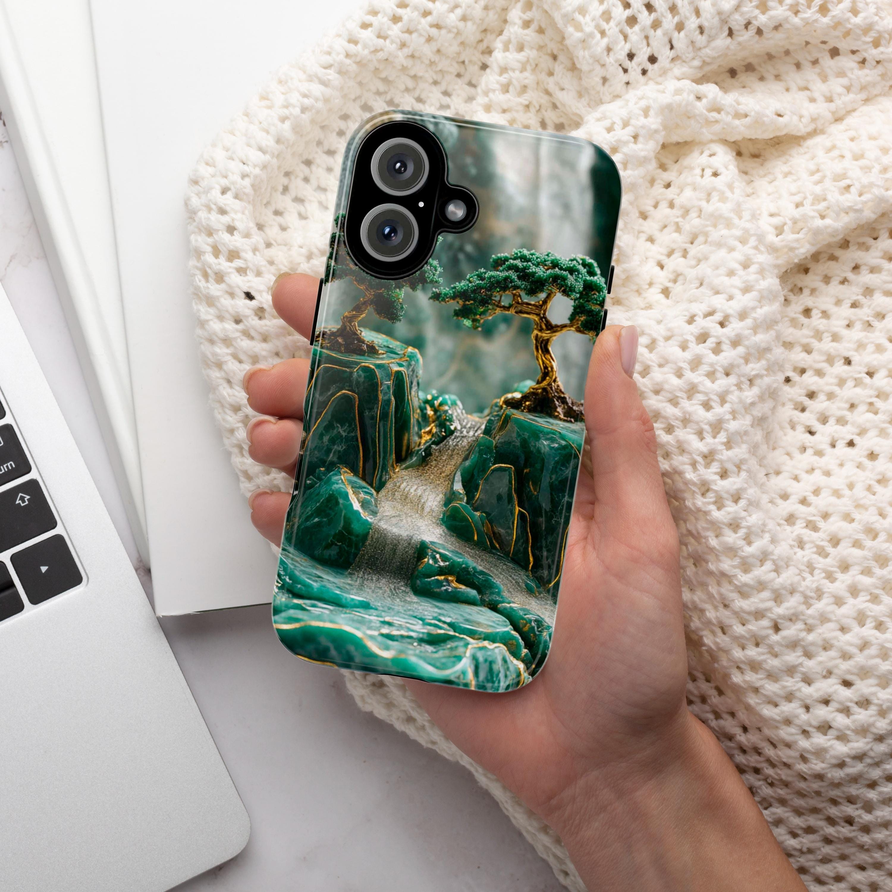 Asian Green Jade Carving Phone Case, Landscape Scenery Art Phone Cover, Aesthetic Phone Cover for iPhone 16 15 Pro Max, Samsung S24, 438.5