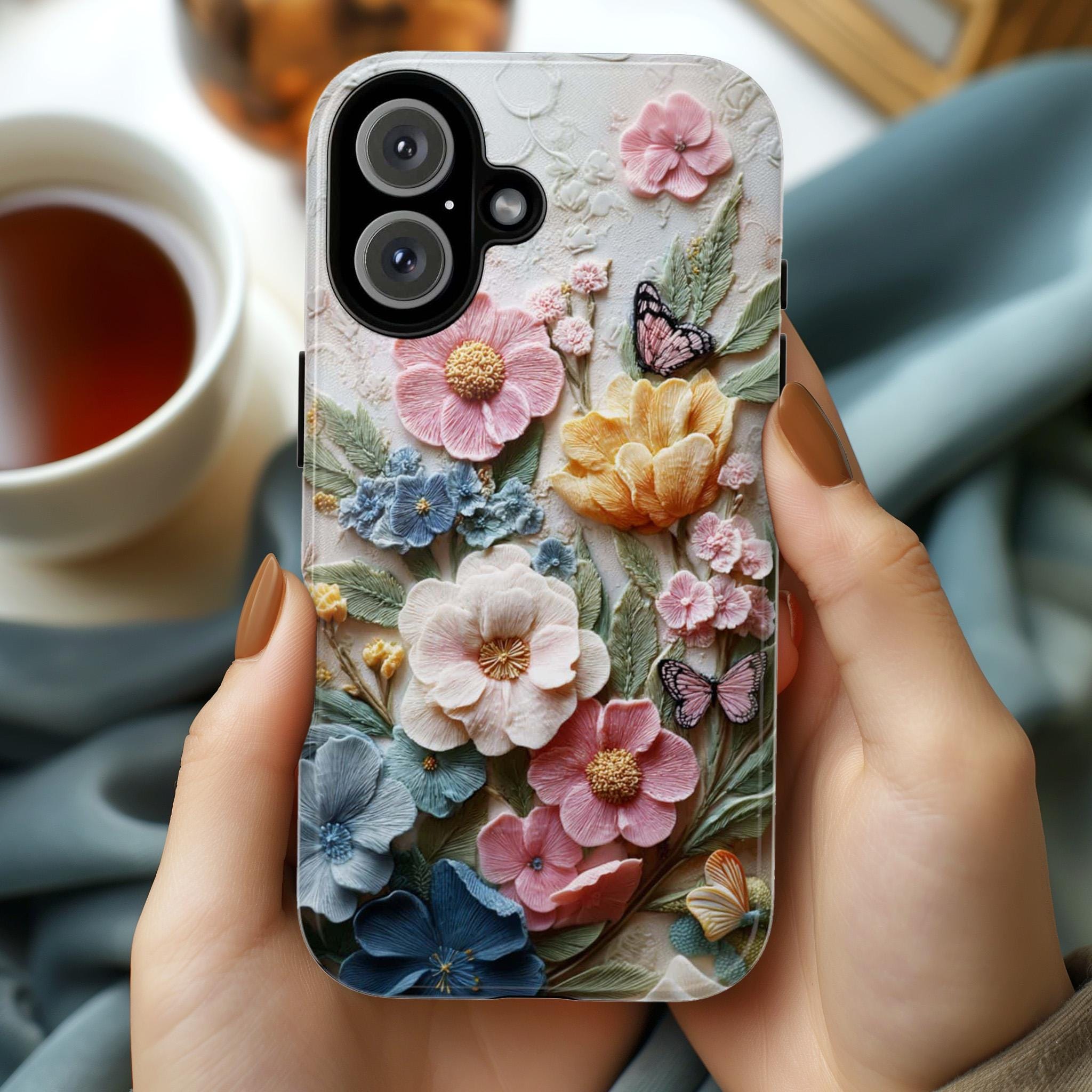 3D Flower and Butterfly Phone Case with Wool Felt Effect, Soft Textured Floral Design Cover for iPhone Tough or Magsafe, Samsung, 476.18