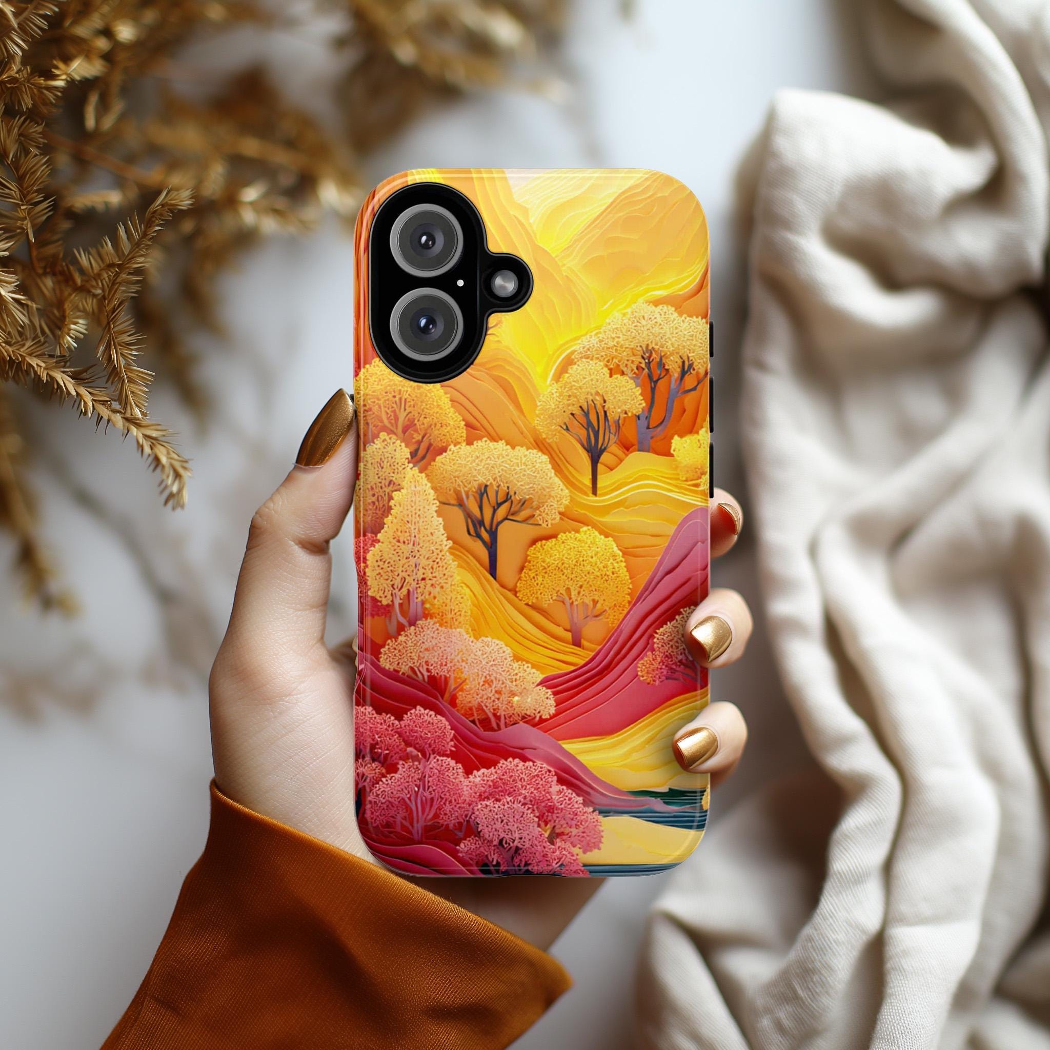 3D Paper Art Phone Case, Autumn Forest & Mountain Cover, Yellow Orange Fall for iPhone 16 15 14 13 Tough or Magsafe, Samsung, 470.15